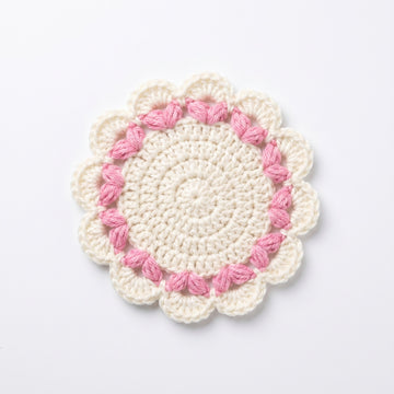 [BerryBow Canonical] BB-COS-FLR-PNK-01 | Hero | White Flame Crochet Coaster – Handmade by Berry Bow