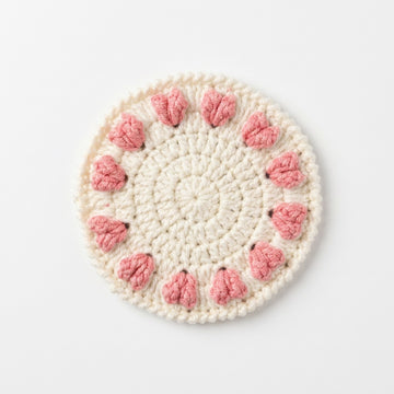 [BerryBow Canonical] BB-COS-FLR-PNK-02 | Hero | Pink Hearts Crochet Coaster – Handmade by Berry Bow