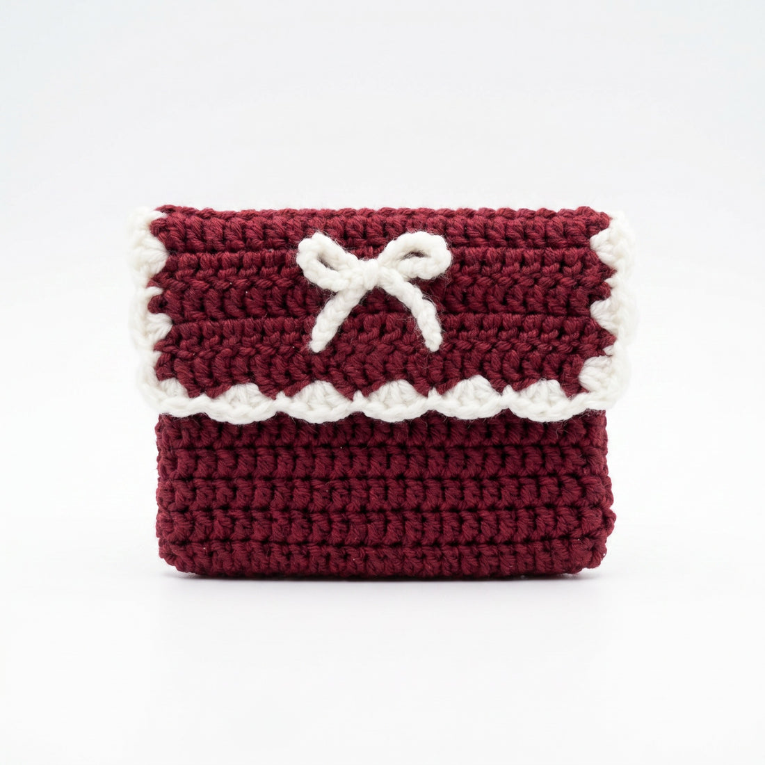 [BerryBow Canonical] BB-POU-BUR-BOW-07 | Hero | Burgundy Bow Crochet Pouch – Handmade by Berry Bow