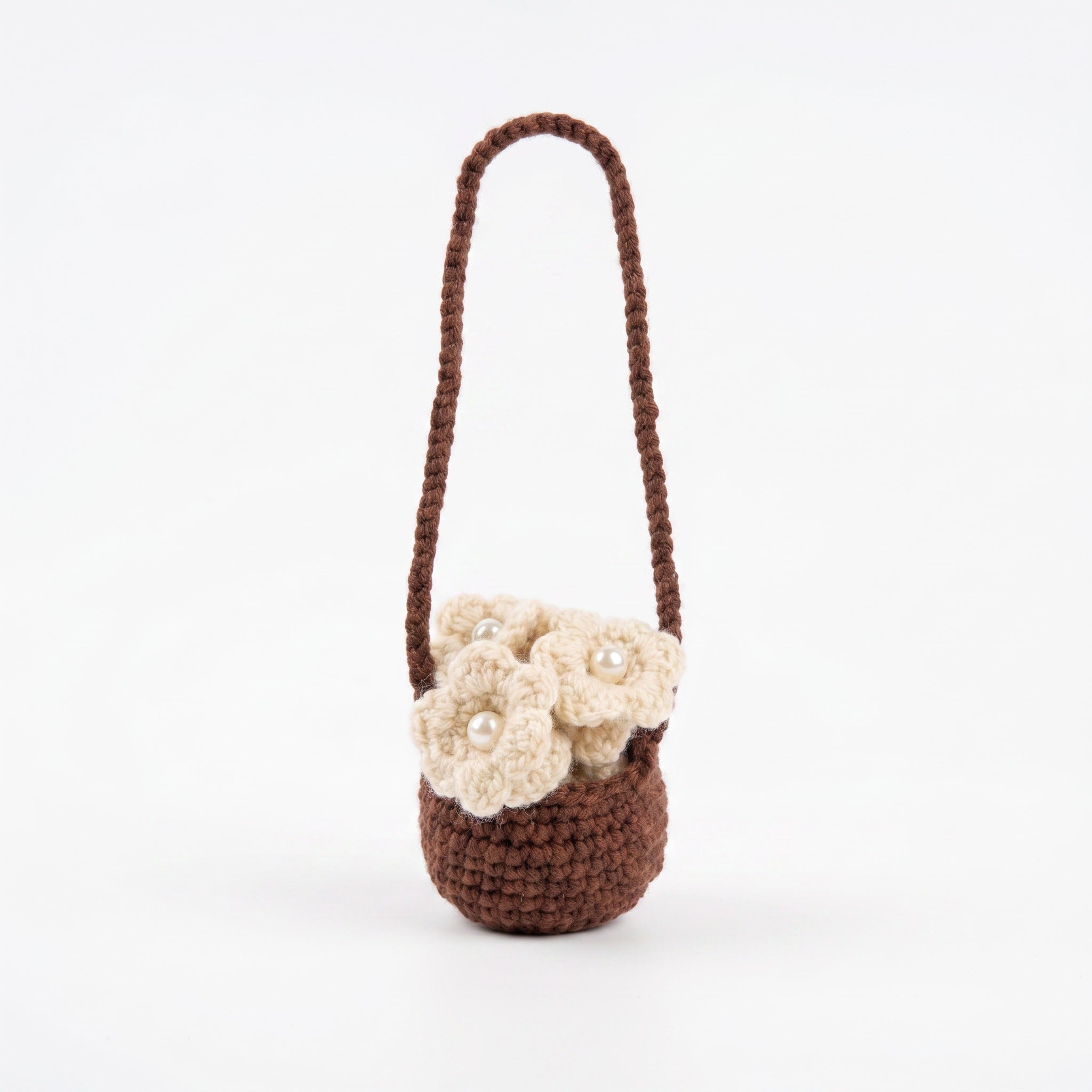 [BerryBow Canonical] BB-CHR-FLR-WHT-01 | Hero | White Basket Crochet Car Charm – Handmade by Berry Bow
