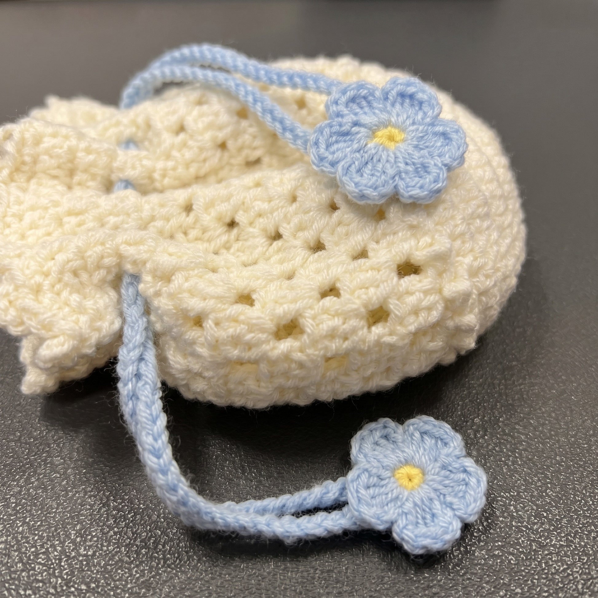 [BerryBow Canonical] BB-POU-OWH-BBL-06 | Detail | Baby Blue Blossom Crochet Pouch – Handmade by Berry Bow