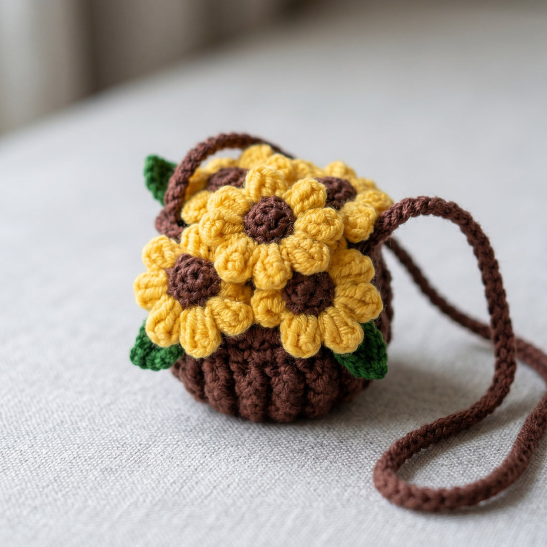 [BerryBow Canonical] BB-CHR-FLR-YEL-01 | Hero | Sunflower Basket Crochet Car Charm – Handmade by Berry Bow