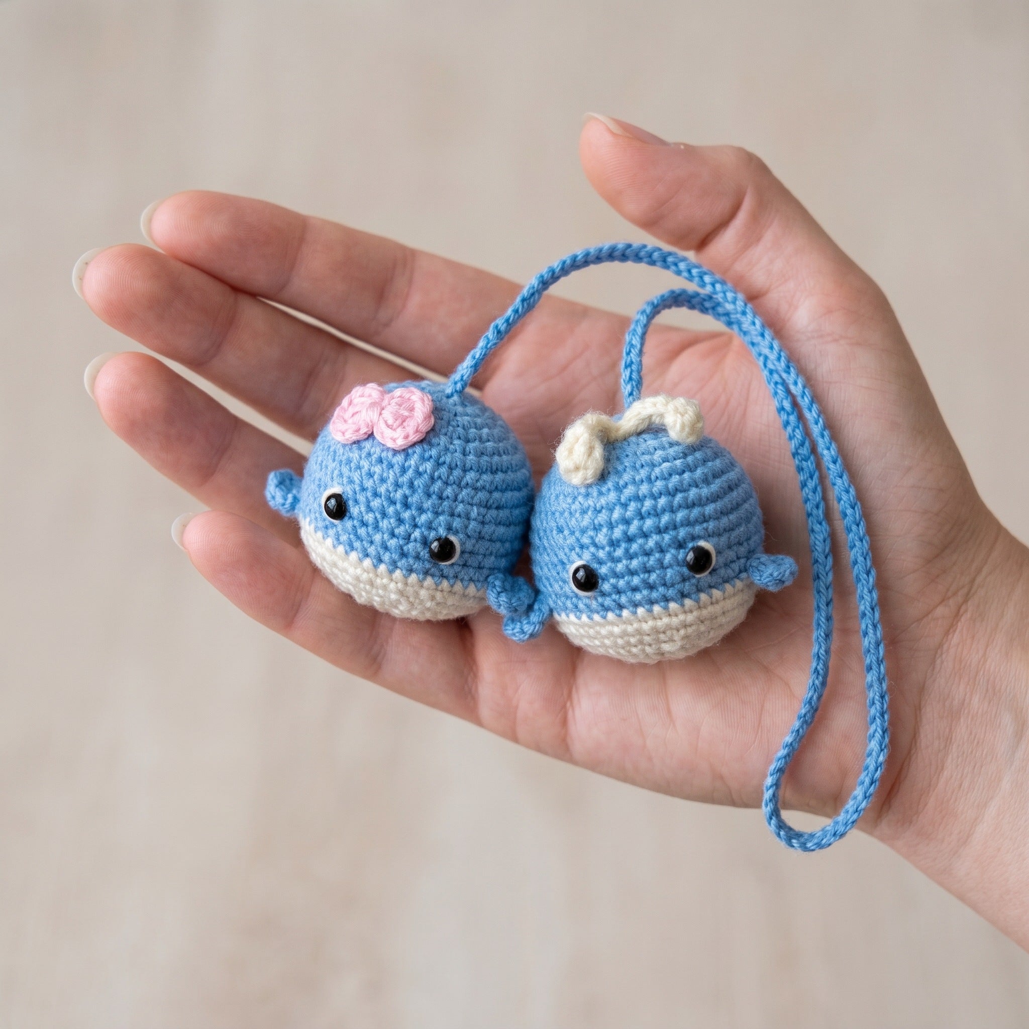 [BerryBow Canonical] BB-CHR-ANI-BLU-04 | Scale | Baby Whale Duo Crochet Car Charm – Handmade by Berry Bow