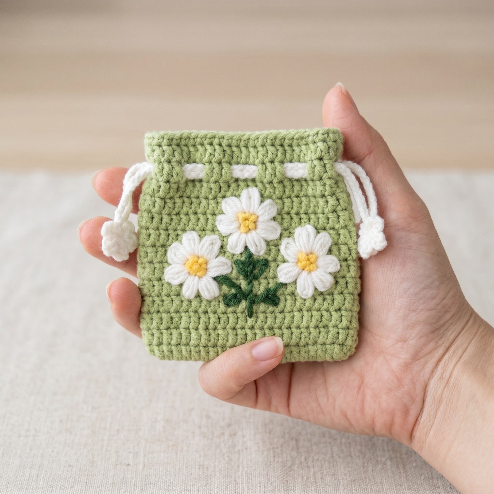 [BerryBow Canonical] BB-POU-GRN-DAI-03 | Scale | Green Daisy Crochet Pouch – Handmade by Berry Bow