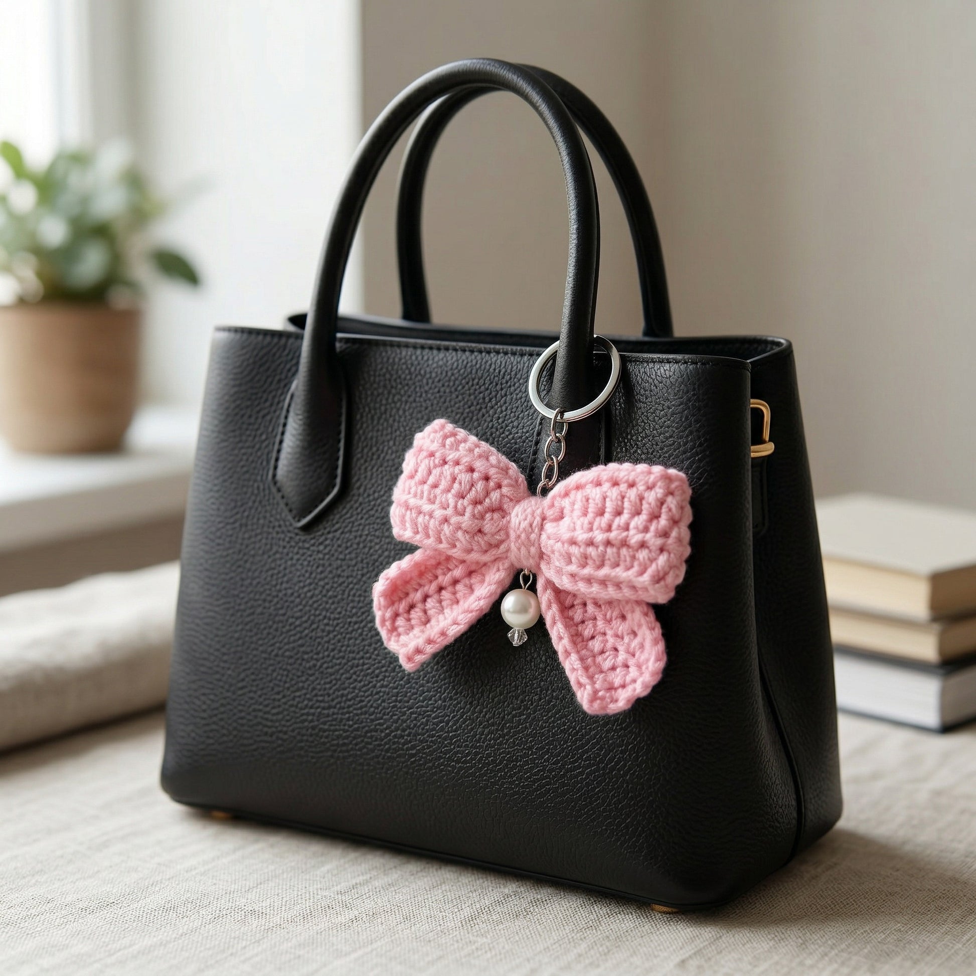 [BerryBow Canonical] BB-KC-RIB-PNK-01 | Lifestyle | Pink Bow Crochet Keychain – Handmade by Berry Bow