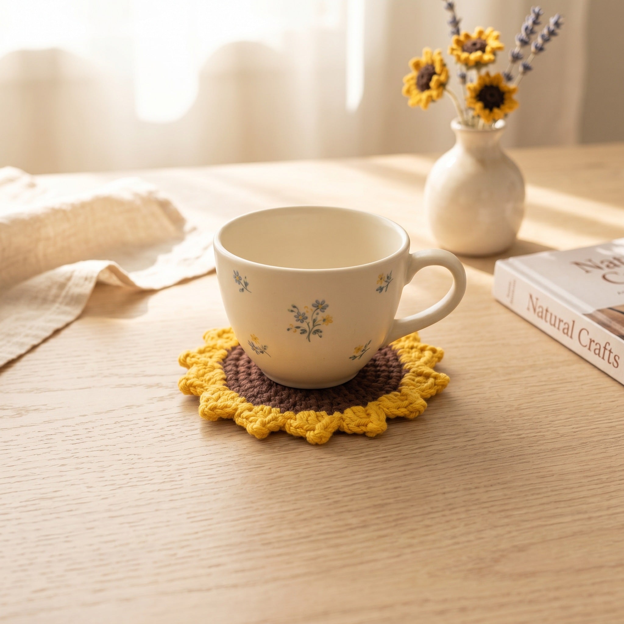 [BerryBow Canonical] BB-COS-FLR-YEL-01 | Lifestyle | Sunflower Crochet Coaster – Handmade by Berry Bow