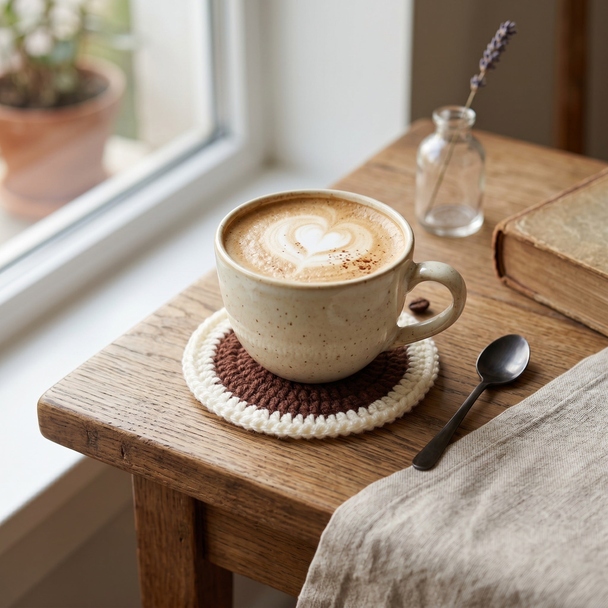 [BerryBow Canonical] BB-COS-NAT-BRN-01 | Lifestyle | Coffee Heart Crochet Coaster – Handmade by Berry Bow