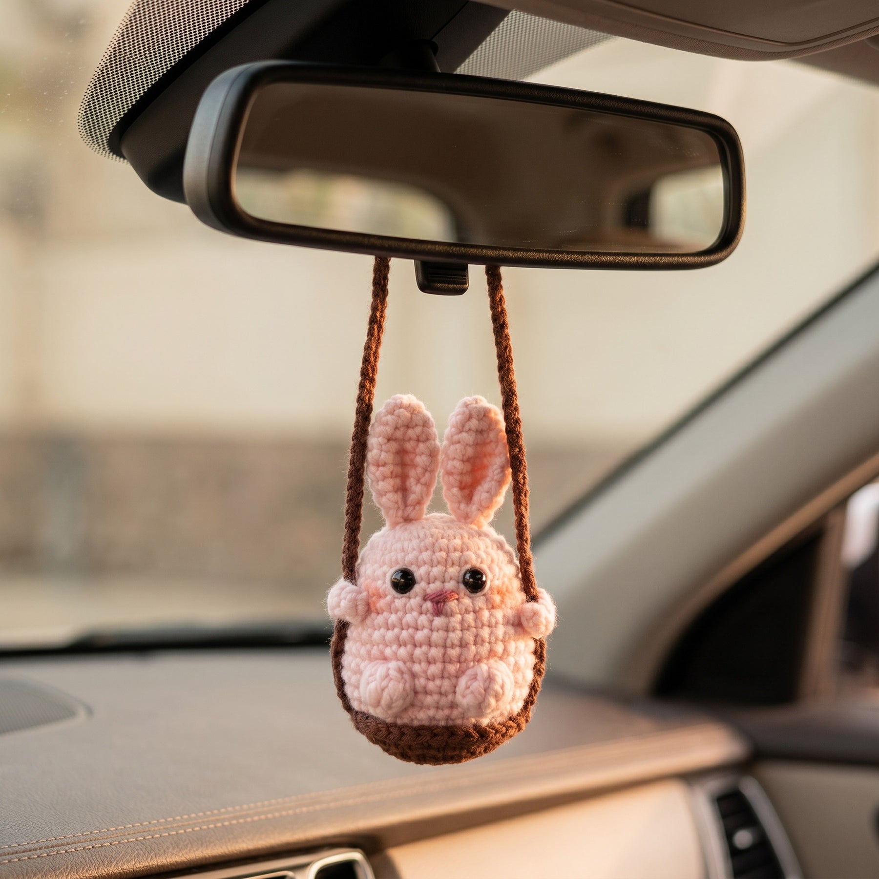 Pink Bunny crochet car charm handmade by Berry Bow