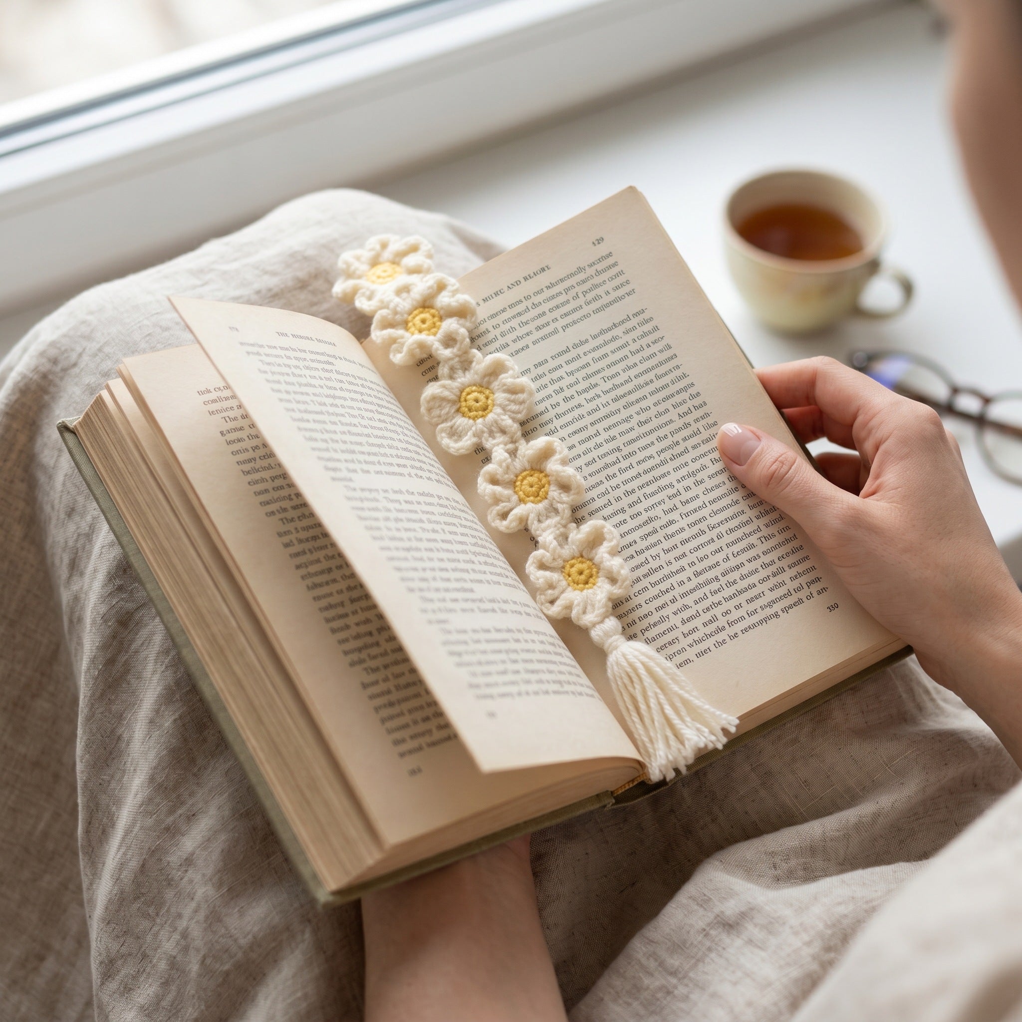 [BerryBow Canonical] BB-BM-DAI-WHT-02 | Lifestyle | Daisy Chain Crochet Bookmark – Handmade by Berry Bow