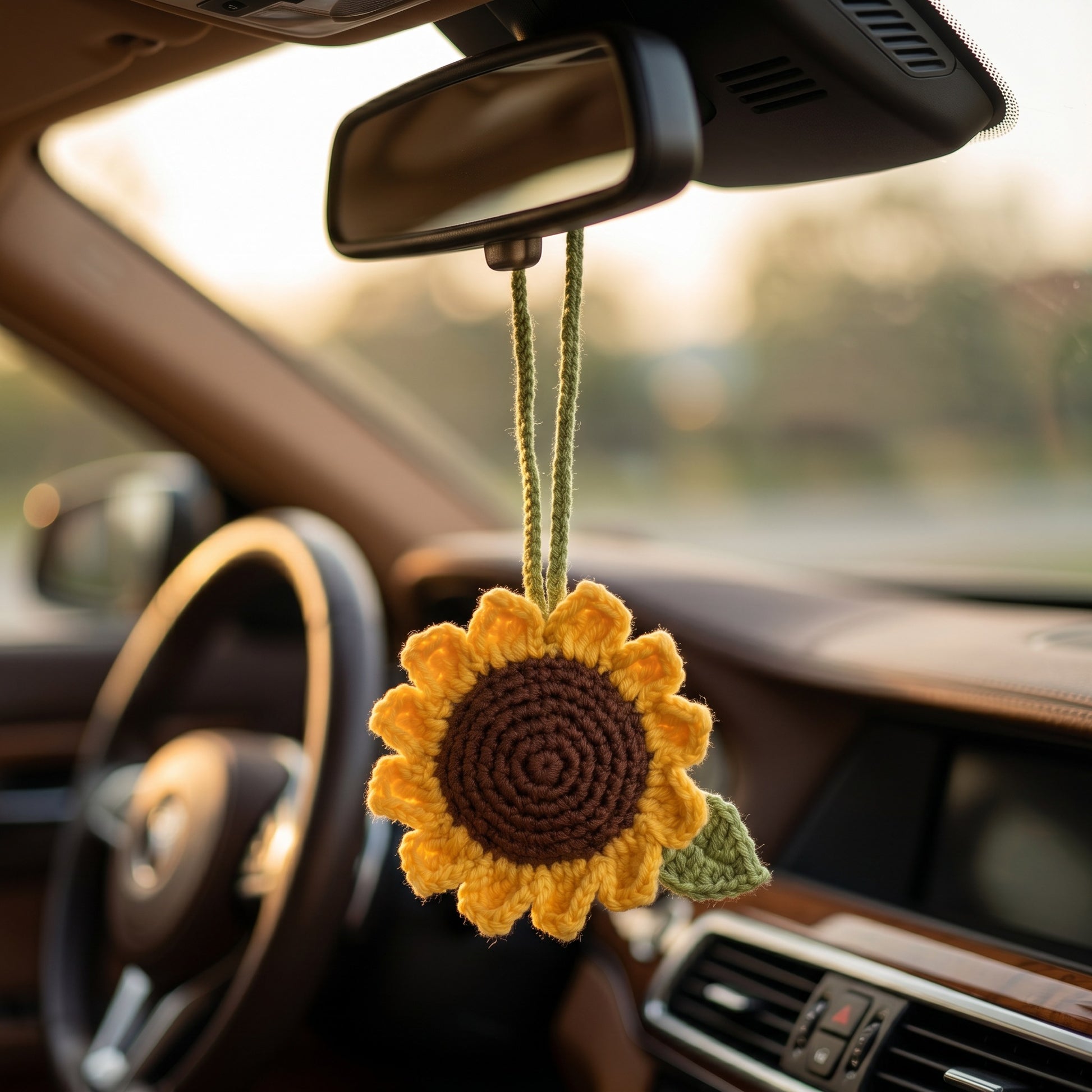 [BerryBow Canonical] BB-CHR-FLR-YEL-02 | Lifestyle | Sunflower Drop Crochet Car Charm – Handmade by Berry Bow
