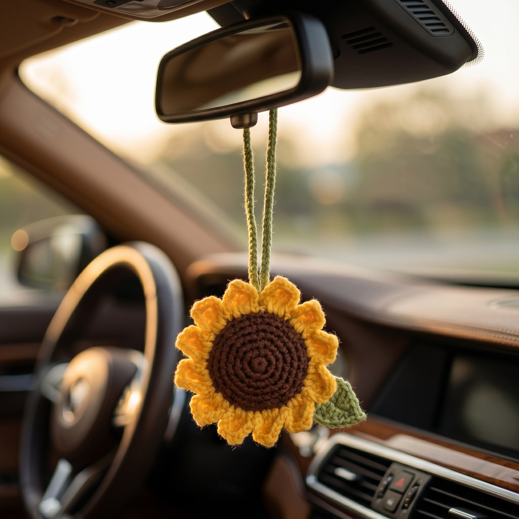 [BerryBow Canonical] BB-CHR-FLR-YEL-02 | Lifestyle | Sunflower Drop Crochet Car Charm – Handmade by Berry Bow