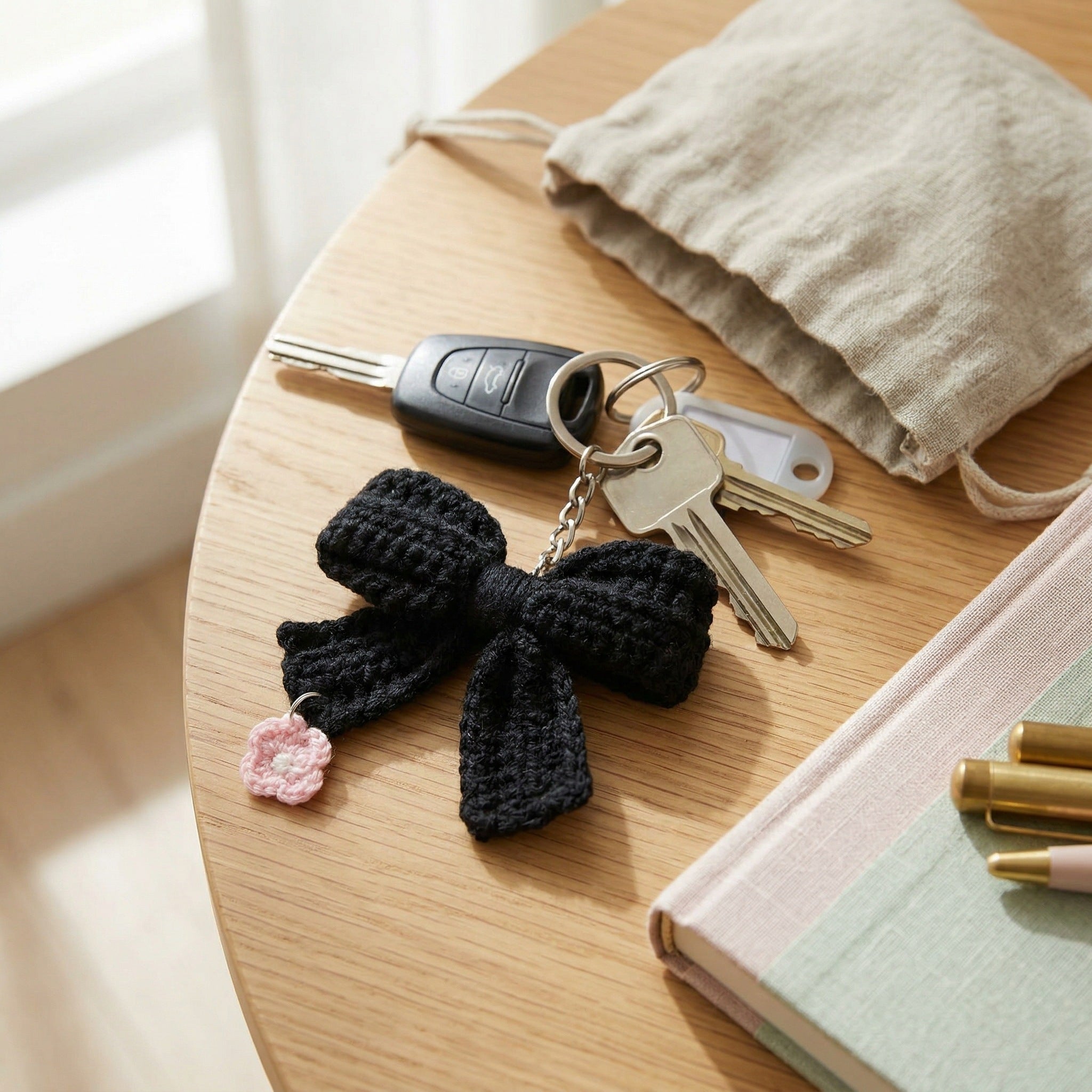[BerryBow Canonical] BB-KC-RIB-BLK-01 | Lifestyle | Black Bow Crochet Keychain – Handmade by Berry Bow