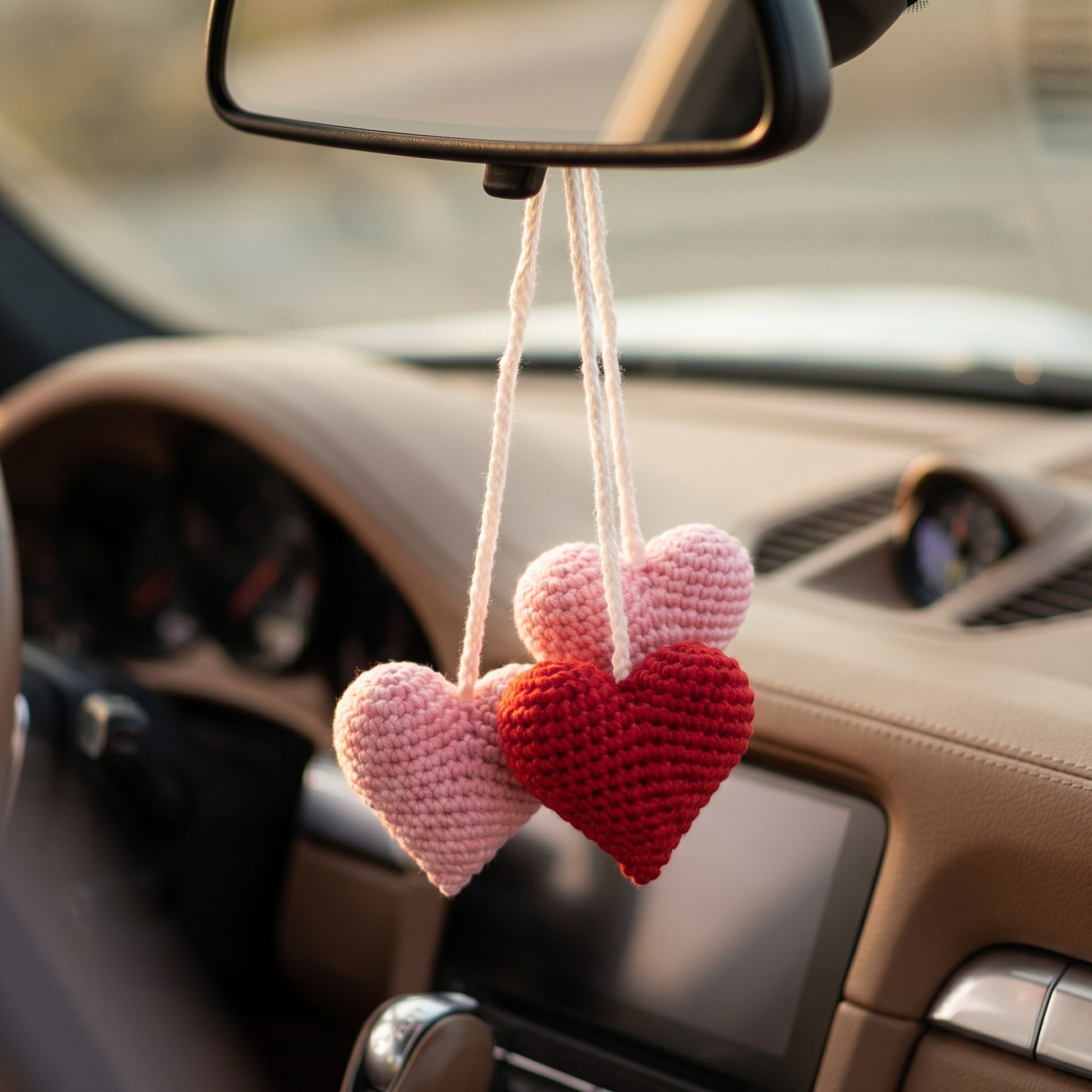 [BerryBow Canonical] BB-CHR-HRT-MUL-01 | Lifestyle | Heart Trio Crochet Car Charm – Handmade by Berry Bow