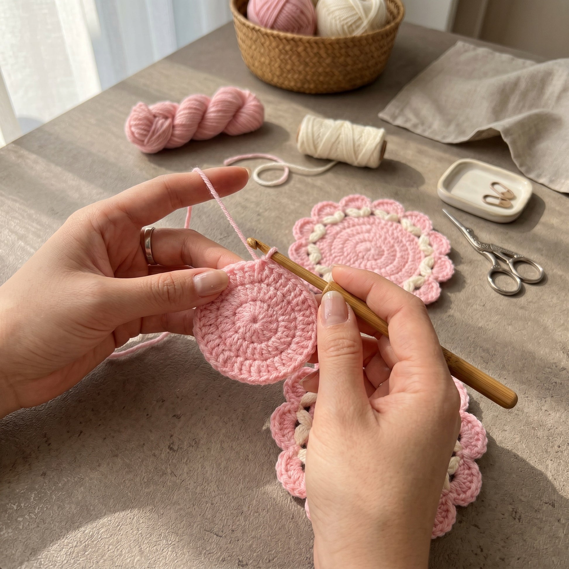 [BerryBow Canonical] BB-COS-FLR-PNK-03 | Making | Pink Flame Crochet Coaster – Handmade by Berry Bow