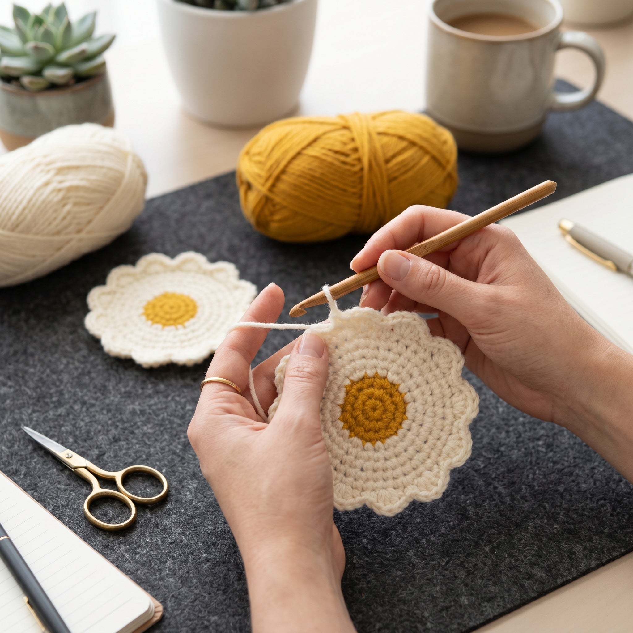 [BerryBow Canonical] BB-COS-FLR-WHT-01 | Making | White Daisy Crochet Coaster – Handmade by Berry Bow
