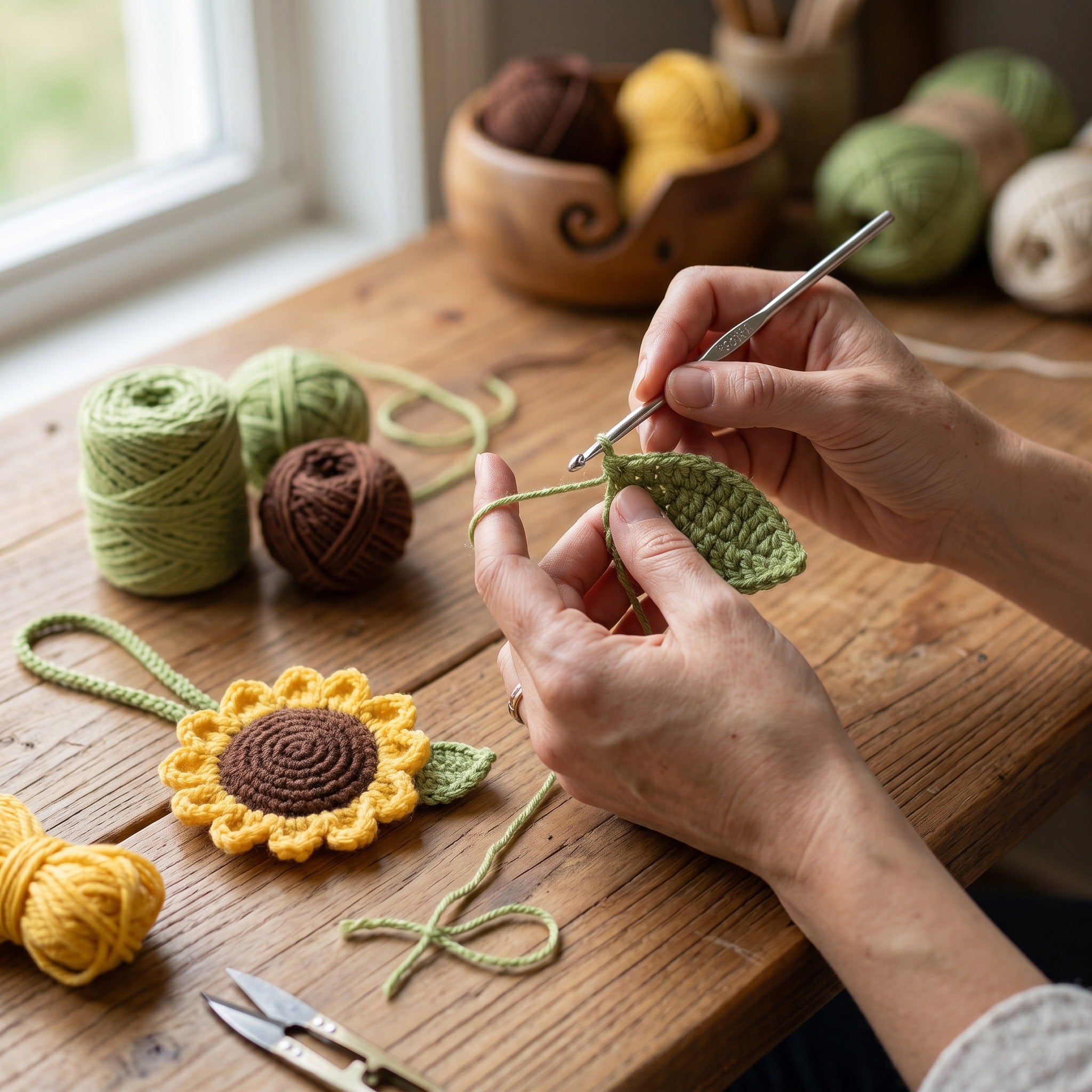 [BerryBow Canonical] BB-CHR-FLR-YEL-02 | Making | Sunflower Drop Crochet Car Charm – Handmade by Berry Bow