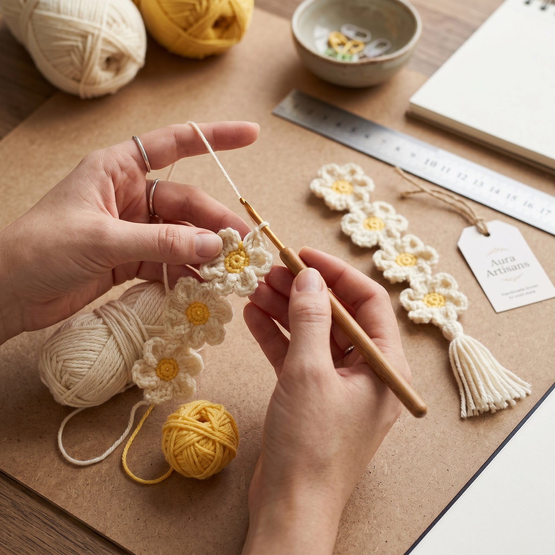 [BerryBow Canonical] BB-BM-DAI-WHT-02 | Making | Daisy Chain Crochet Bookmark – Handmade by Berry Bow