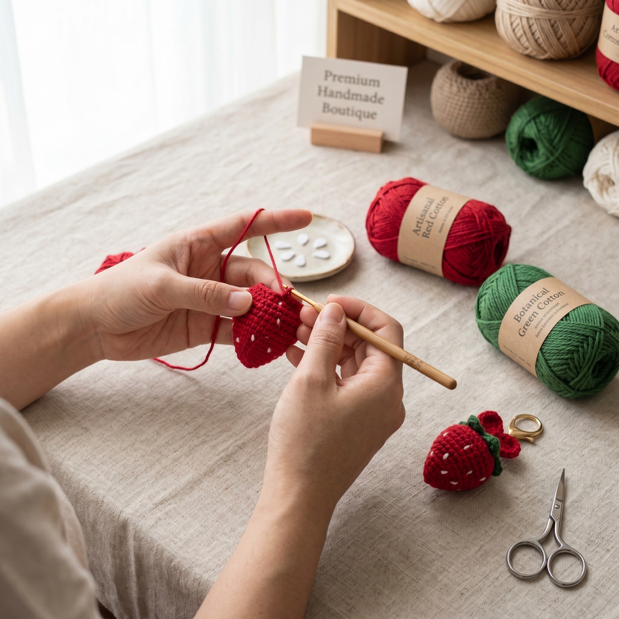 [BerryBow Canonical] BB-KC-BER-RED-02 | Making | Strawberry Bow Crochet Keychain – Handmade by Berry Bow