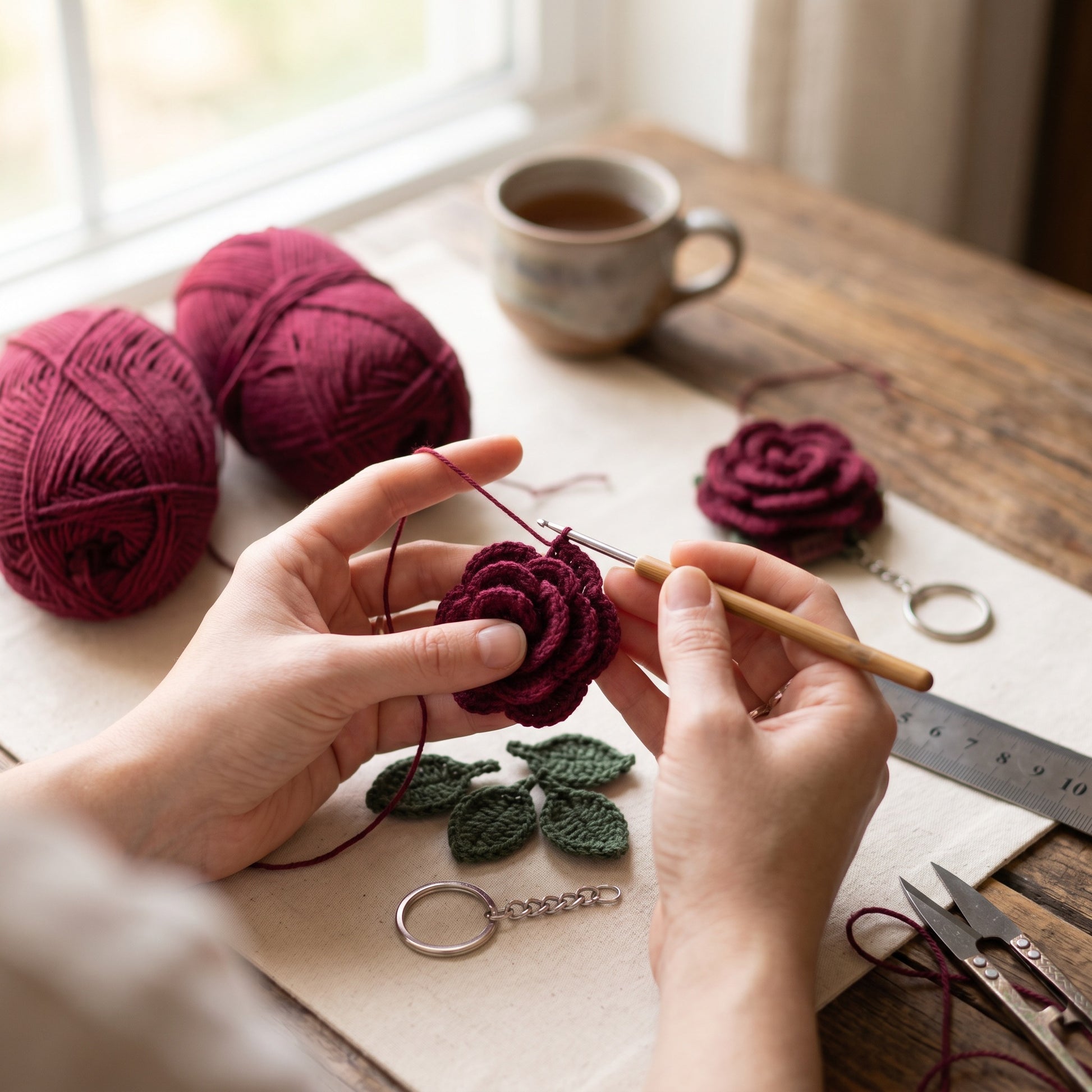 [BerryBow Canonical] BB-KC-ROS-BUR-02 | Making | Burgundy Little Rose Crochet Keychain – Handmade by Berry Bow