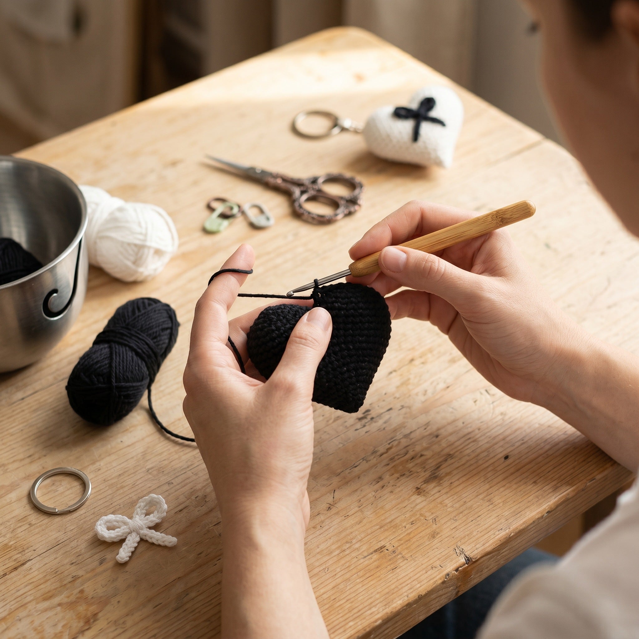 [BerryBow Canonical] BB-KC-HRT-BLK-01 | Making | White Bow Heart Crochet Keychain – Handmade by Berry Bow
