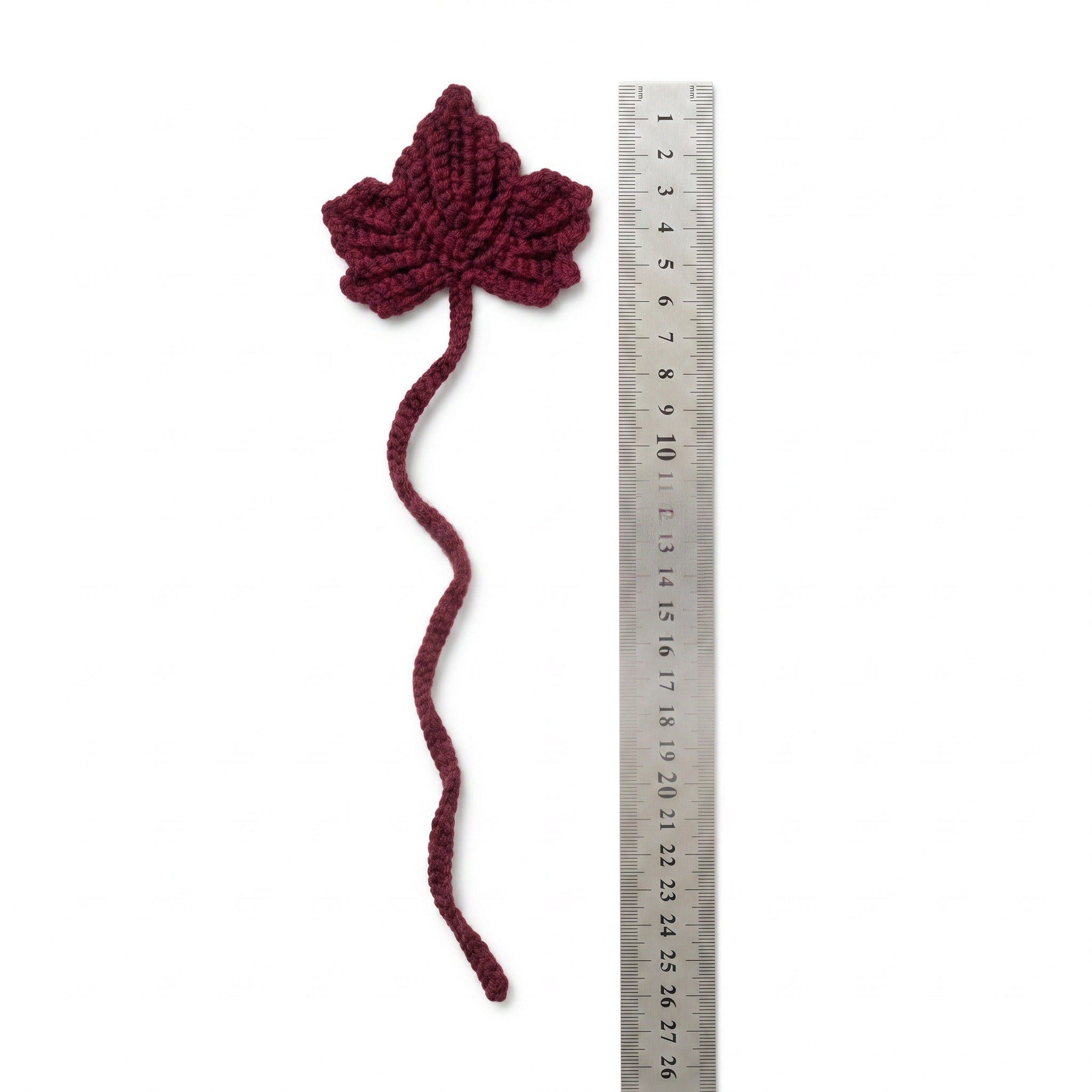 [BerryBow Canonical] BB-BM-LEF-BUR-01 | Measurement | Burgundy Leaf Crochet Bookmark – Handmade by Berry Bow