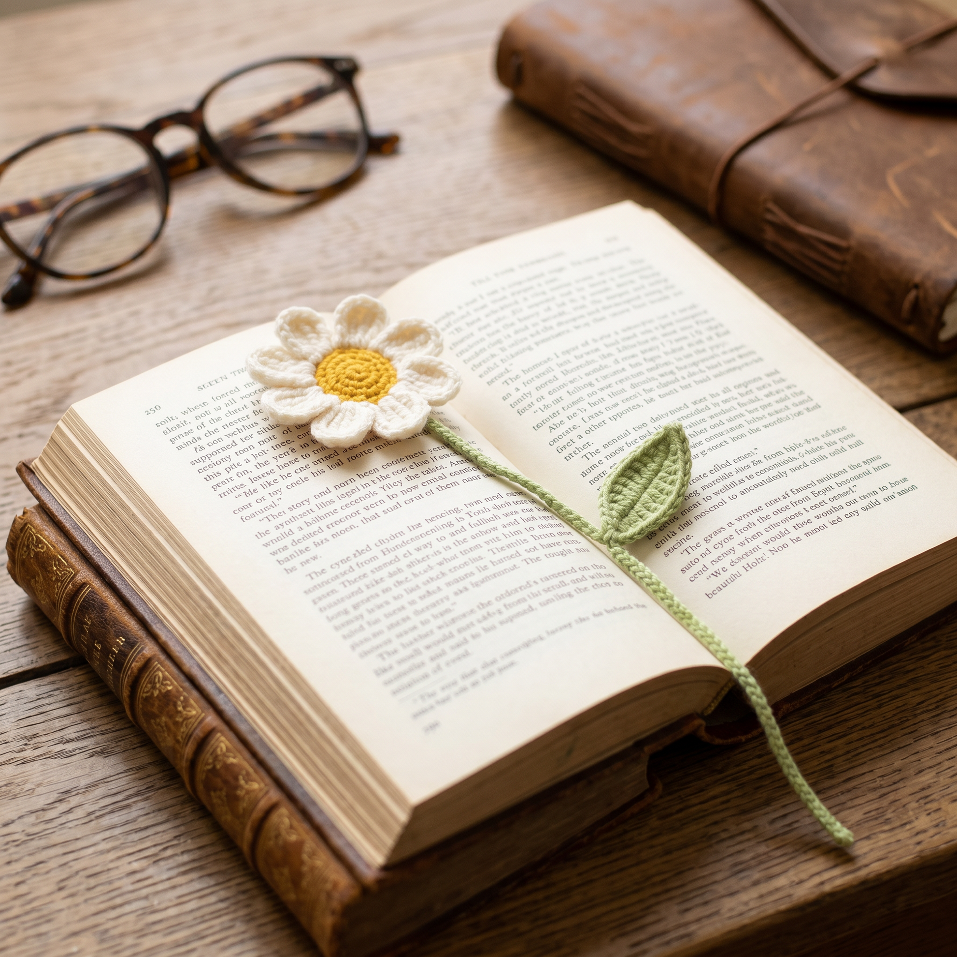 White Daisy Crochet Bookmark styled in an everyday setting