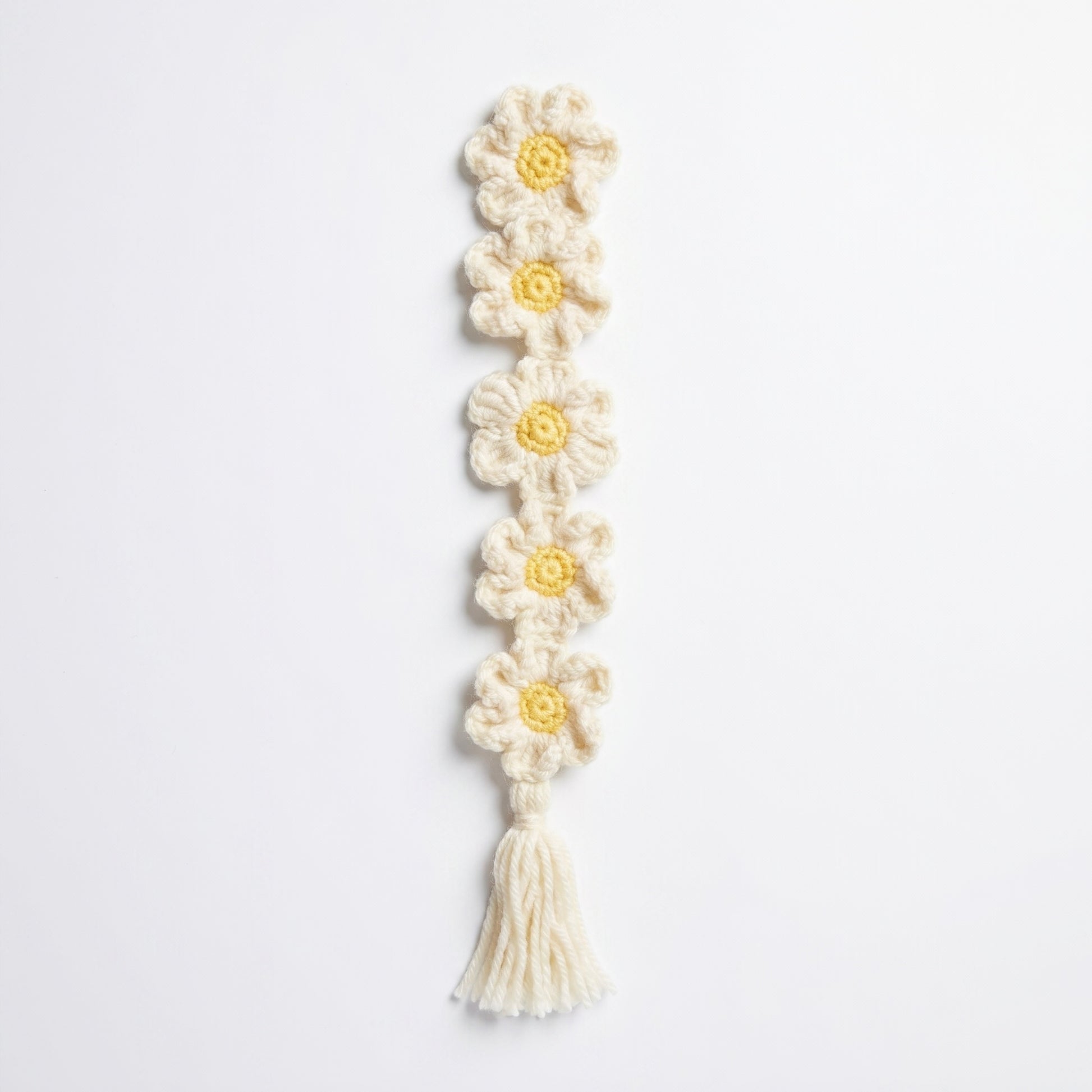 Daisy Chain Crochet Bookmark on a clean white background