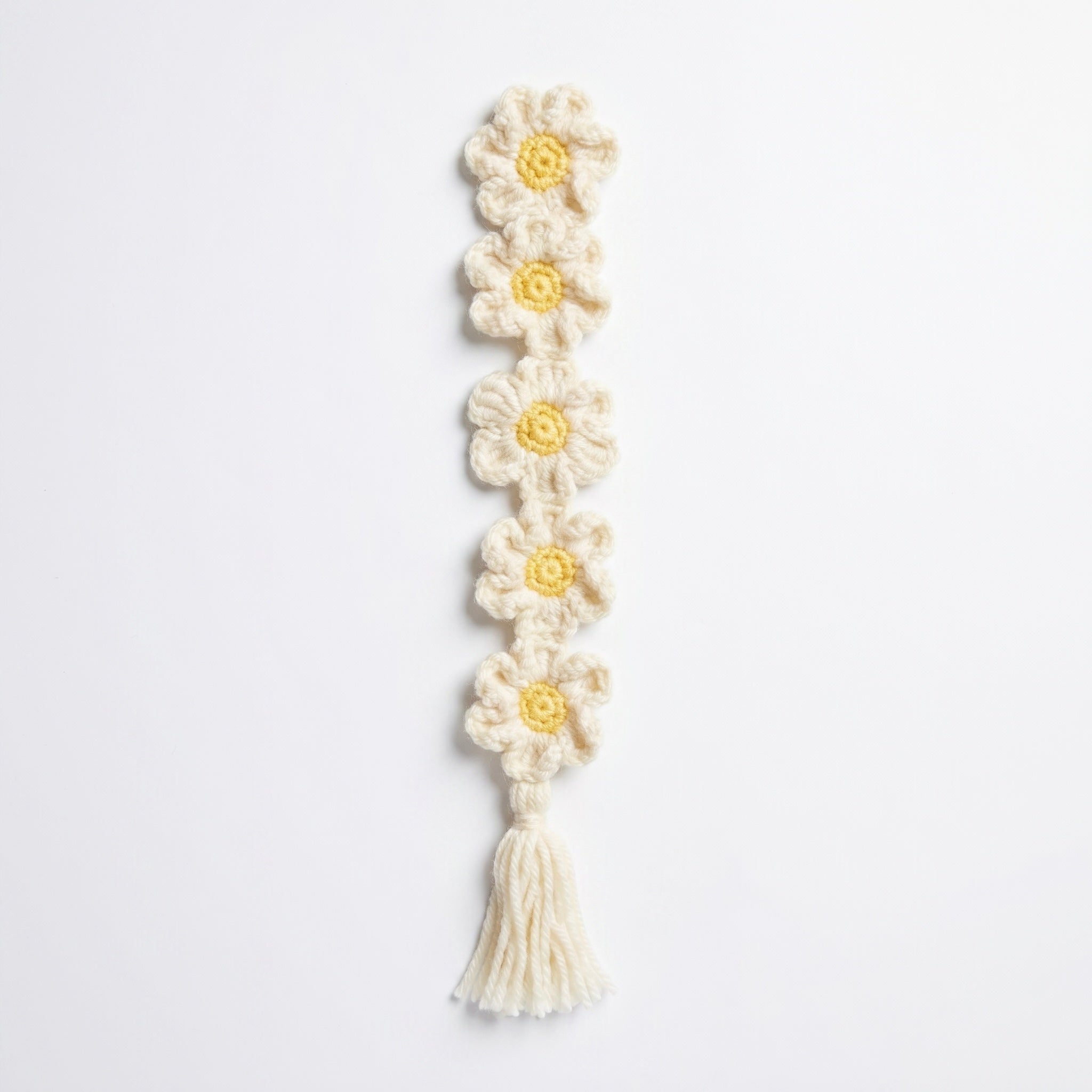 Daisy Chain Crochet Bookmark on a clean white background