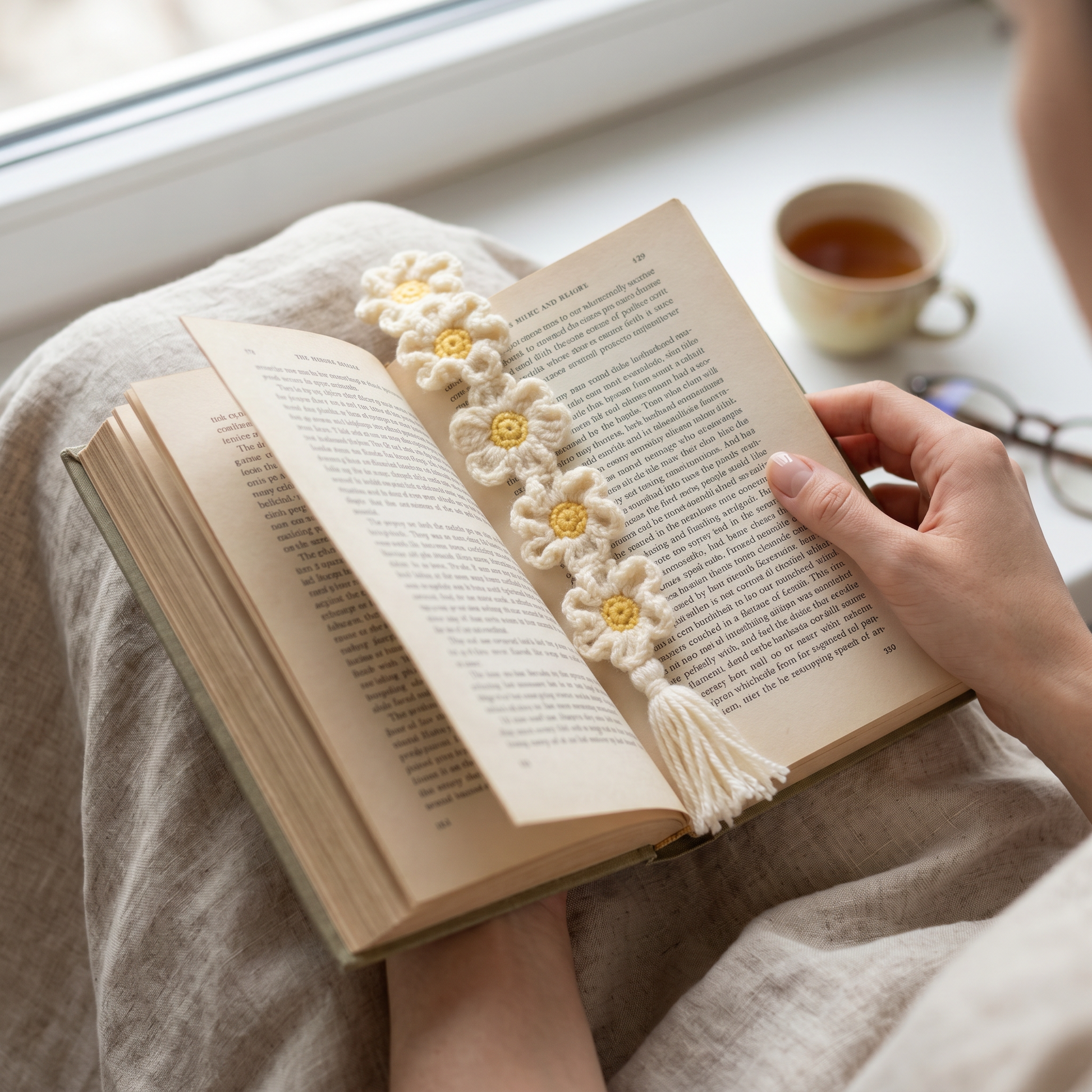 Daisy Chain Crochet Bookmark styled in an everyday setting
