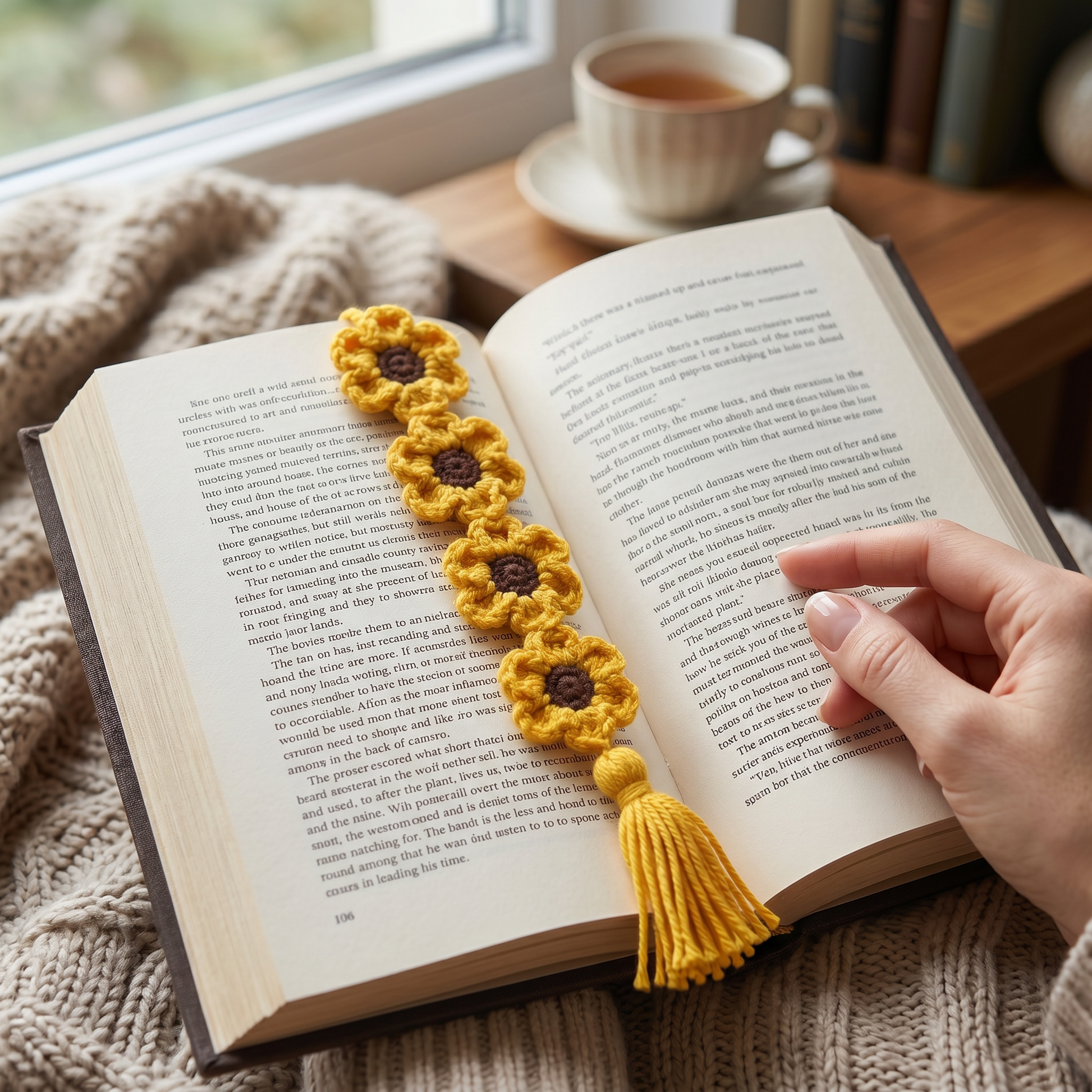 Orange Flower Chain Crochet Bookmark styled in an everyday setting