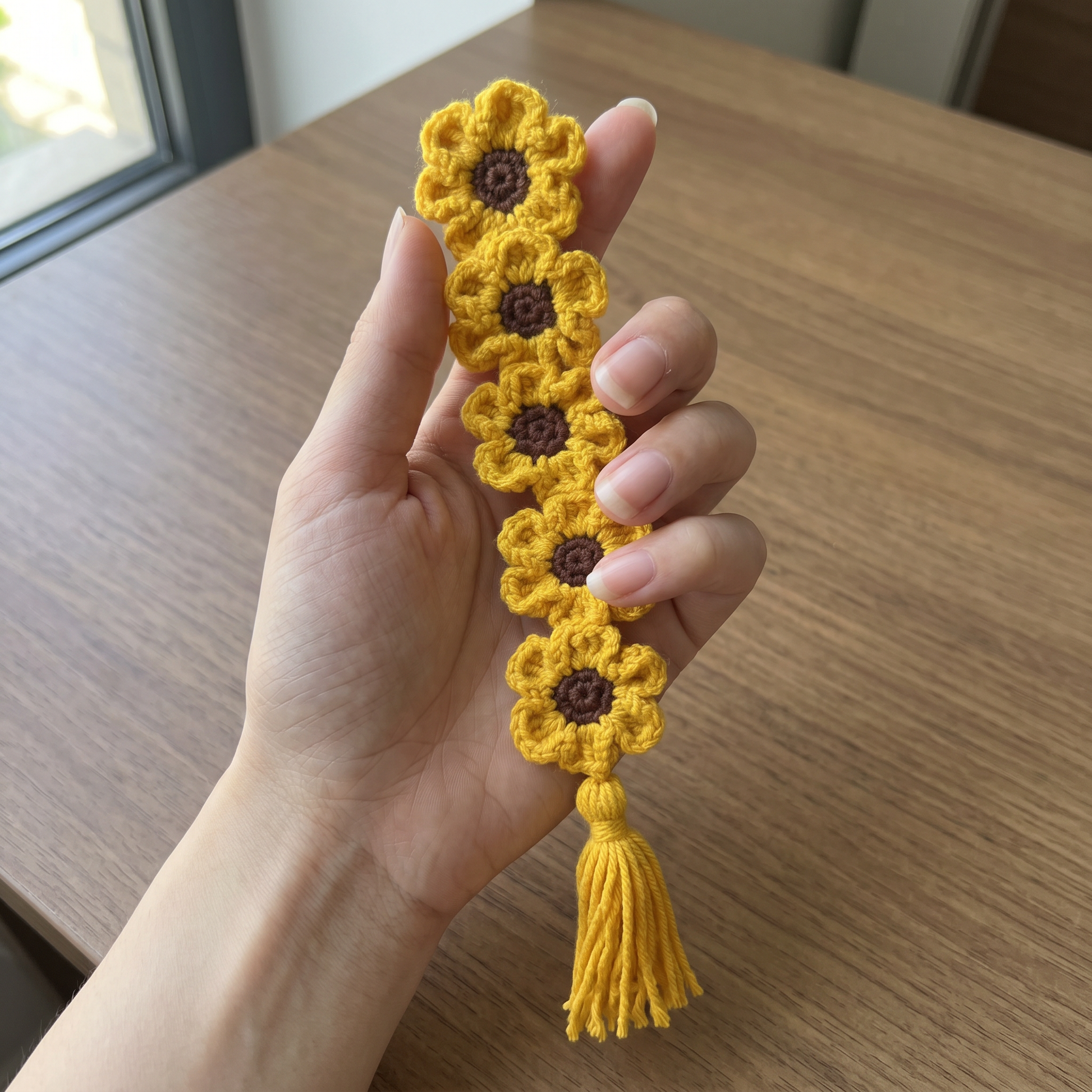 Orange Flower Chain Crochet Bookmark held in hand to show scale