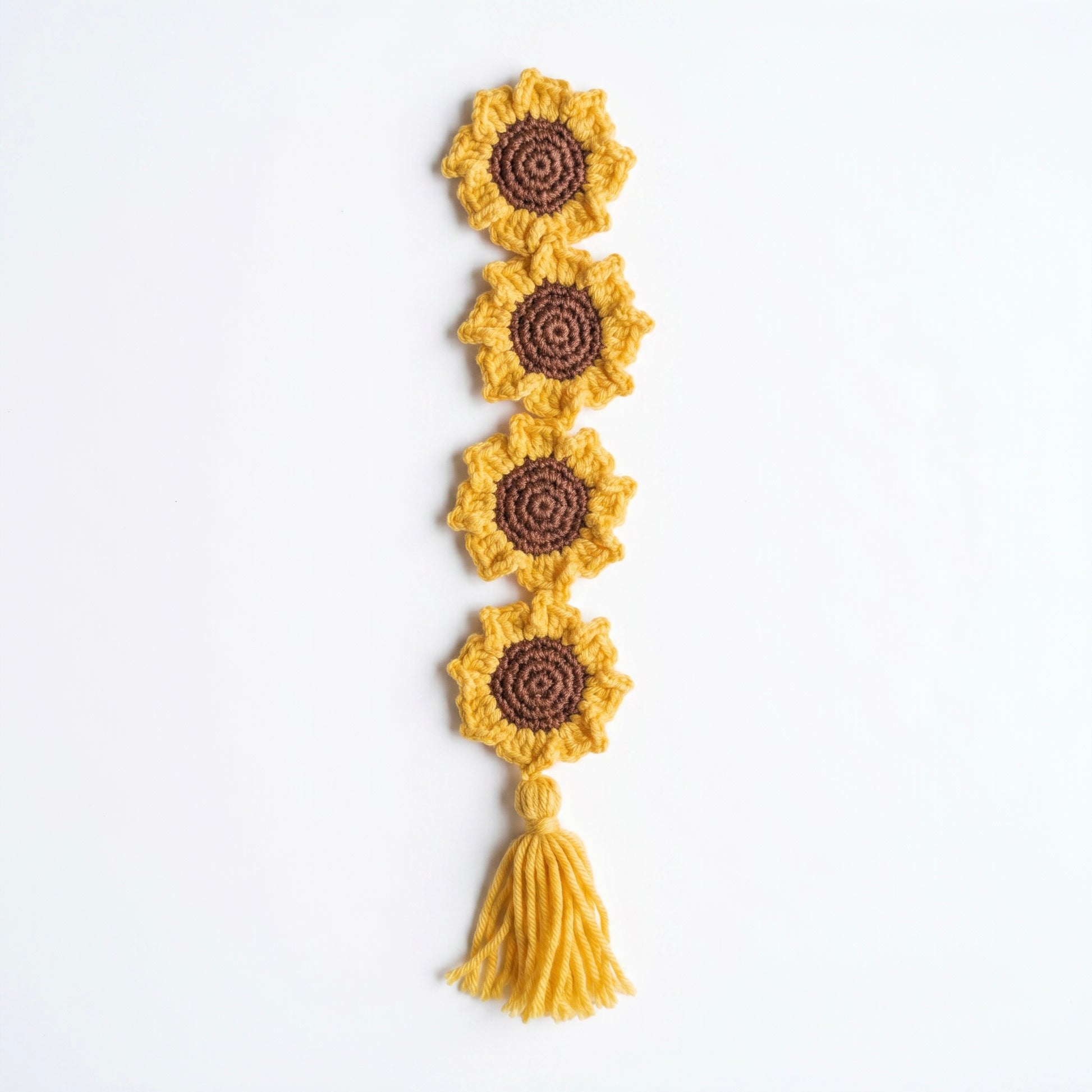 Baby Sunflower Crochet Bookmark on a clean white background