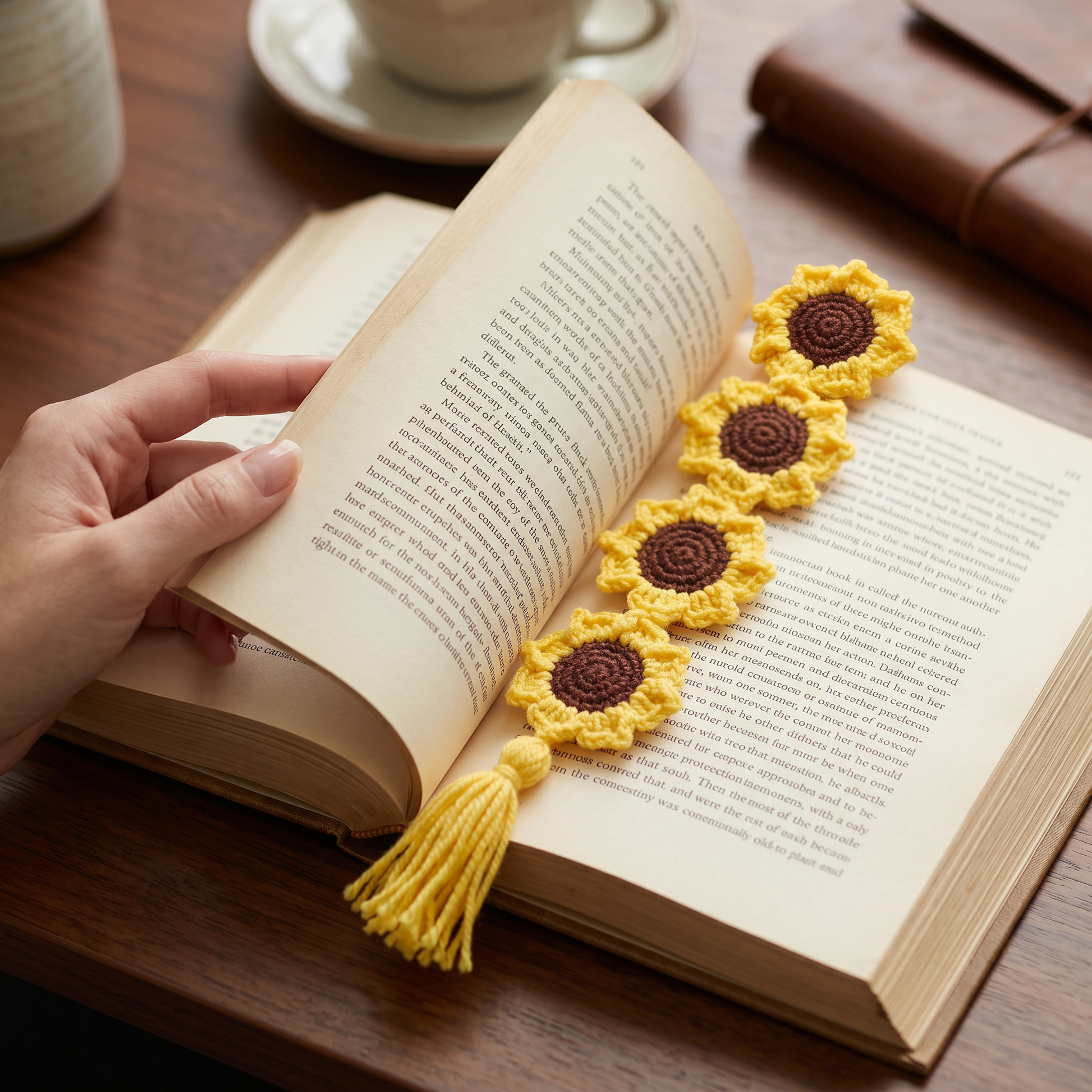 Baby Sunflower Crochet Bookmark styled in an everyday setting