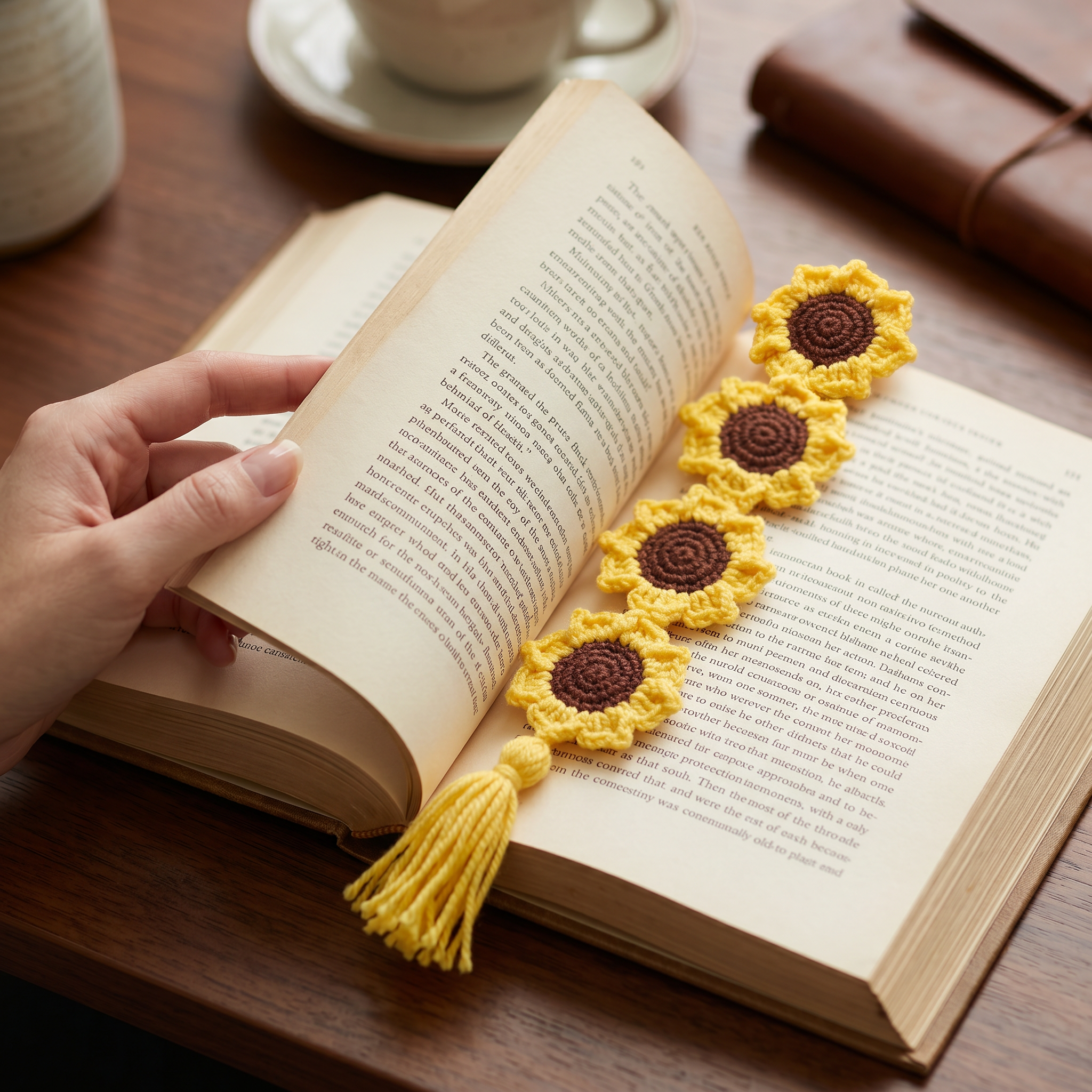 Baby Sunflower Crochet Bookmark styled in an everyday setting