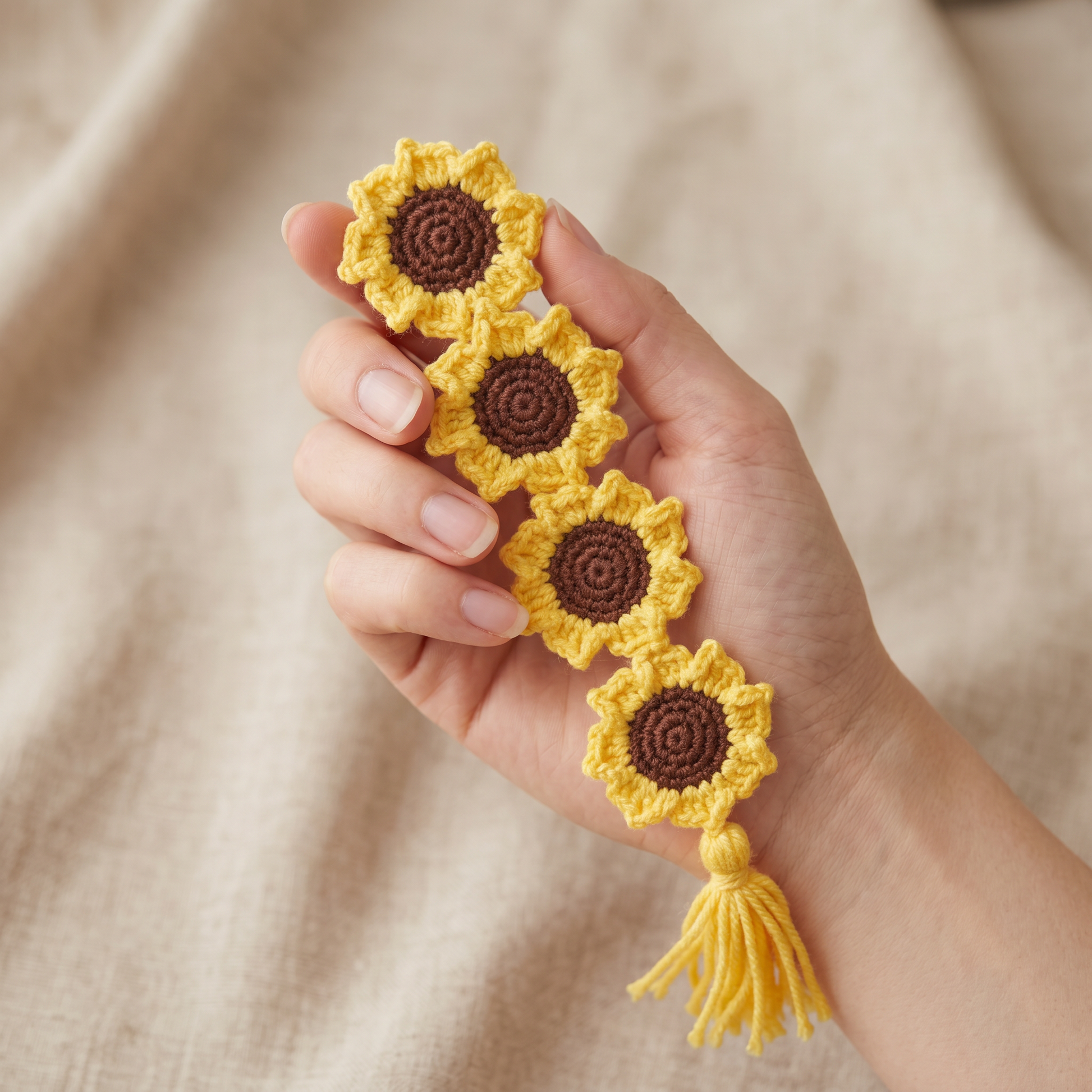 Baby Sunflower Crochet Bookmark held in hand to show scale