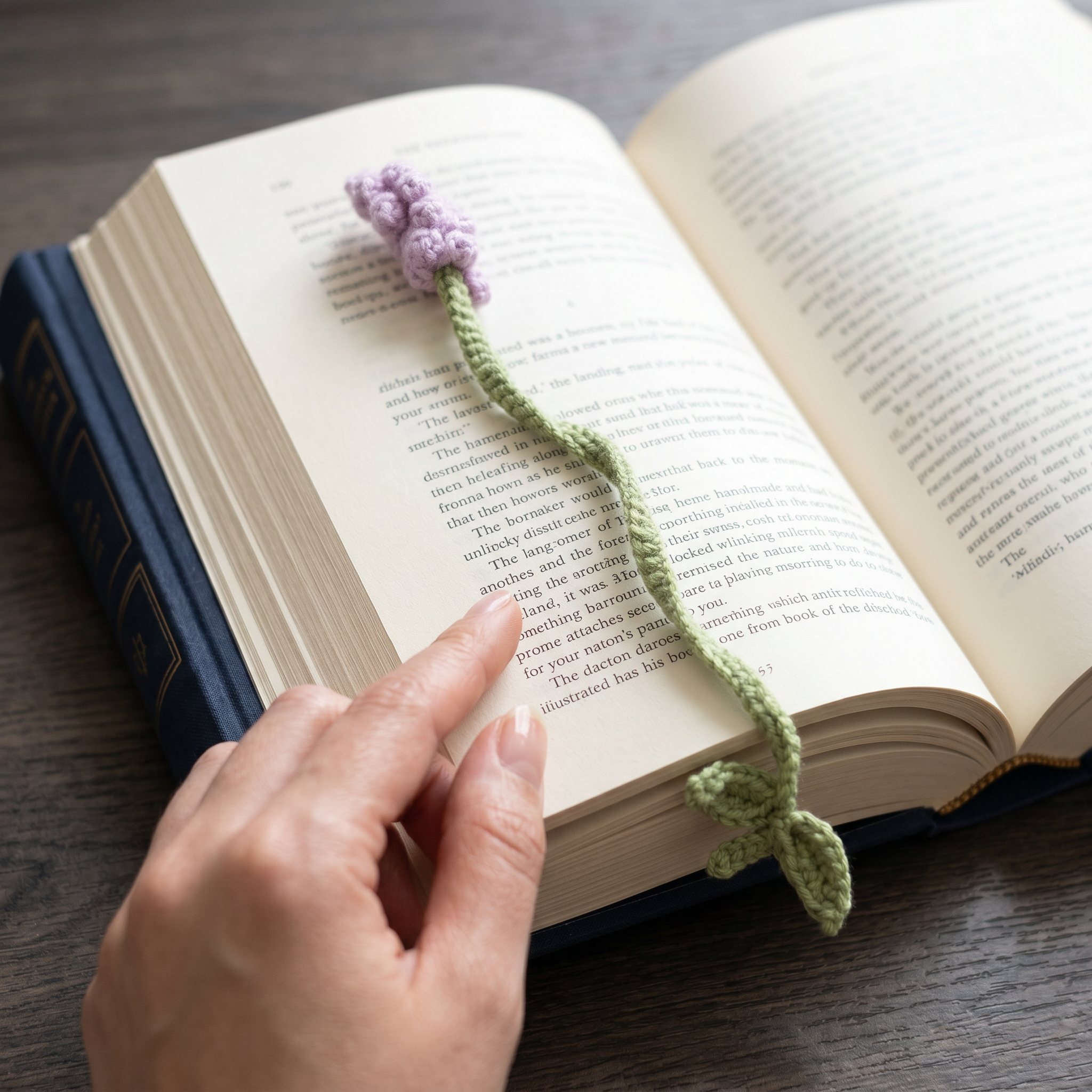 Baby Lavender Crochet Bookmark styled in an everyday setting
