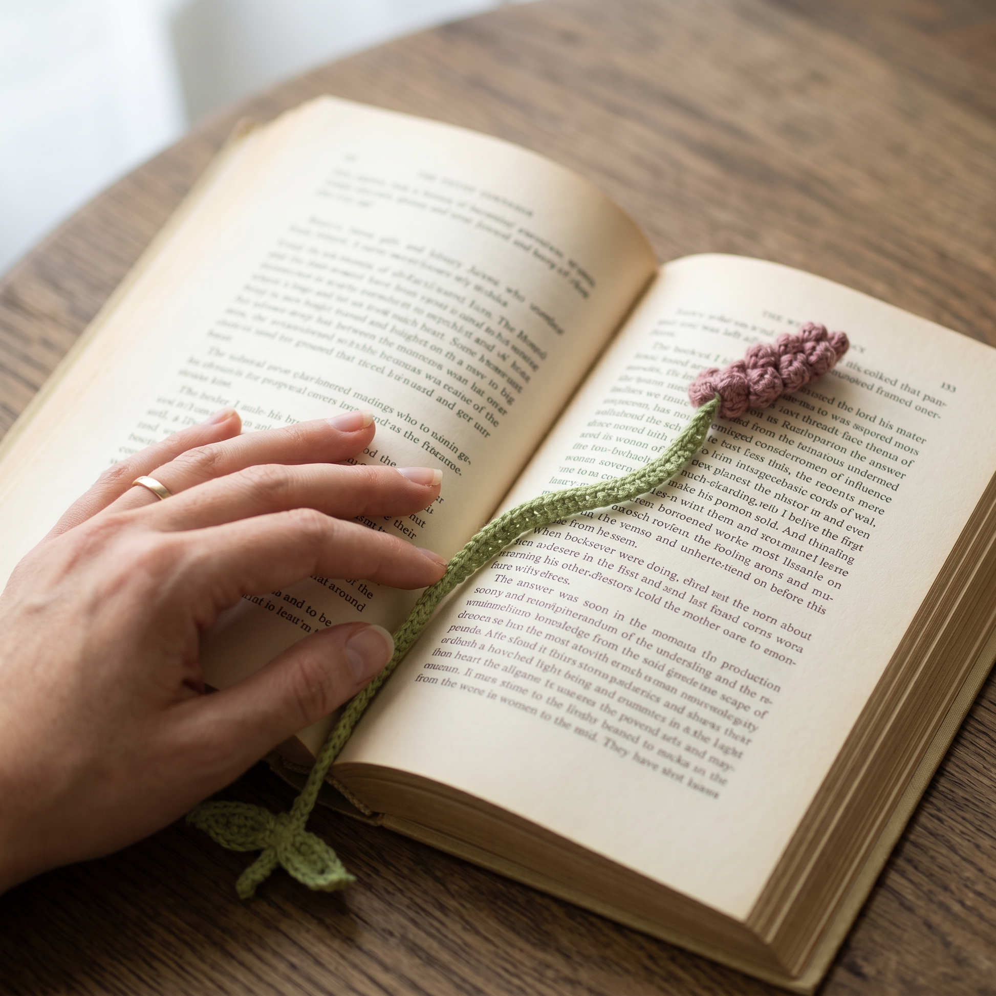 Soft Purple Lavender Crochet Bookmark styled in an everyday setting
