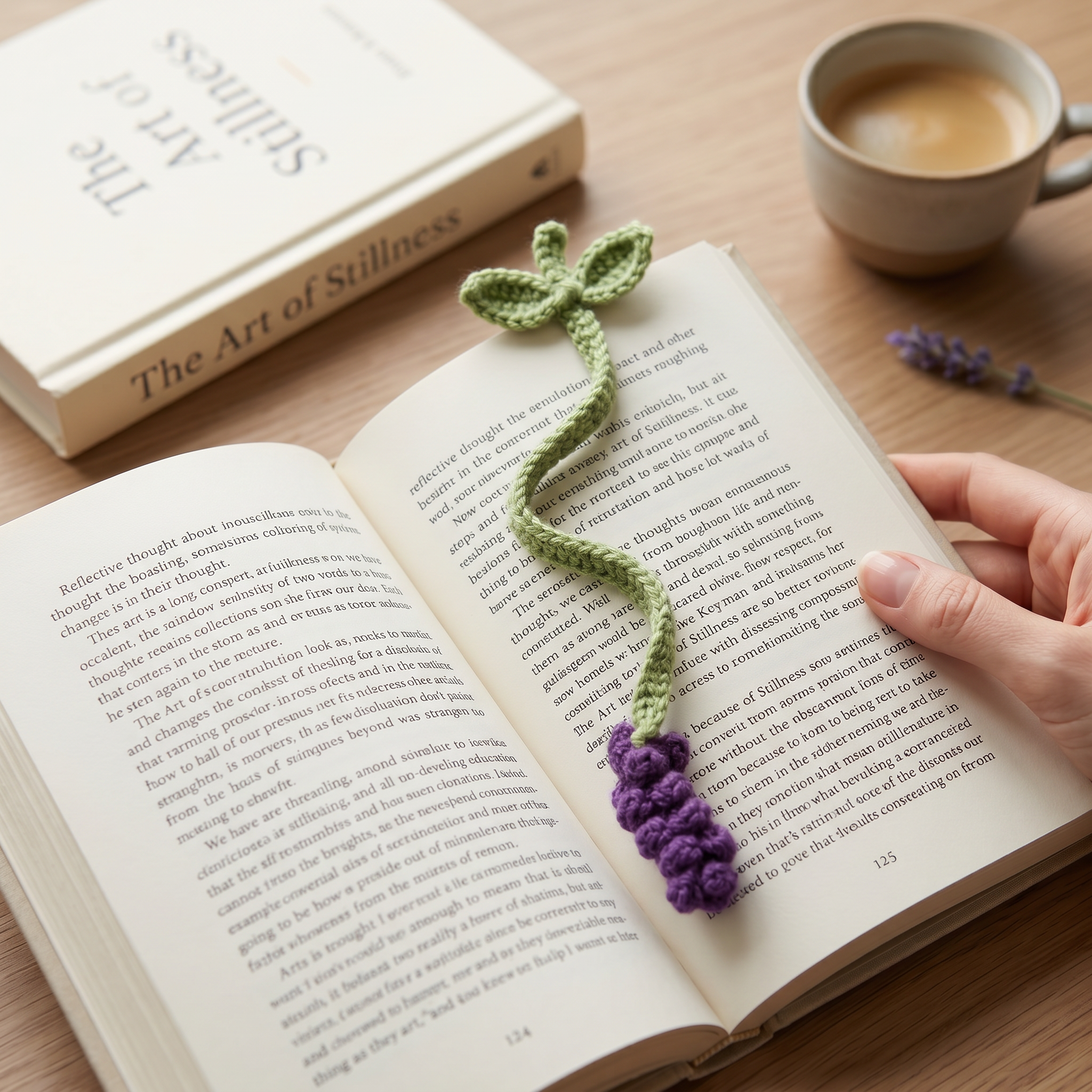 Deep Purple Lavender Crochet Bookmark styled in an everyday setting
