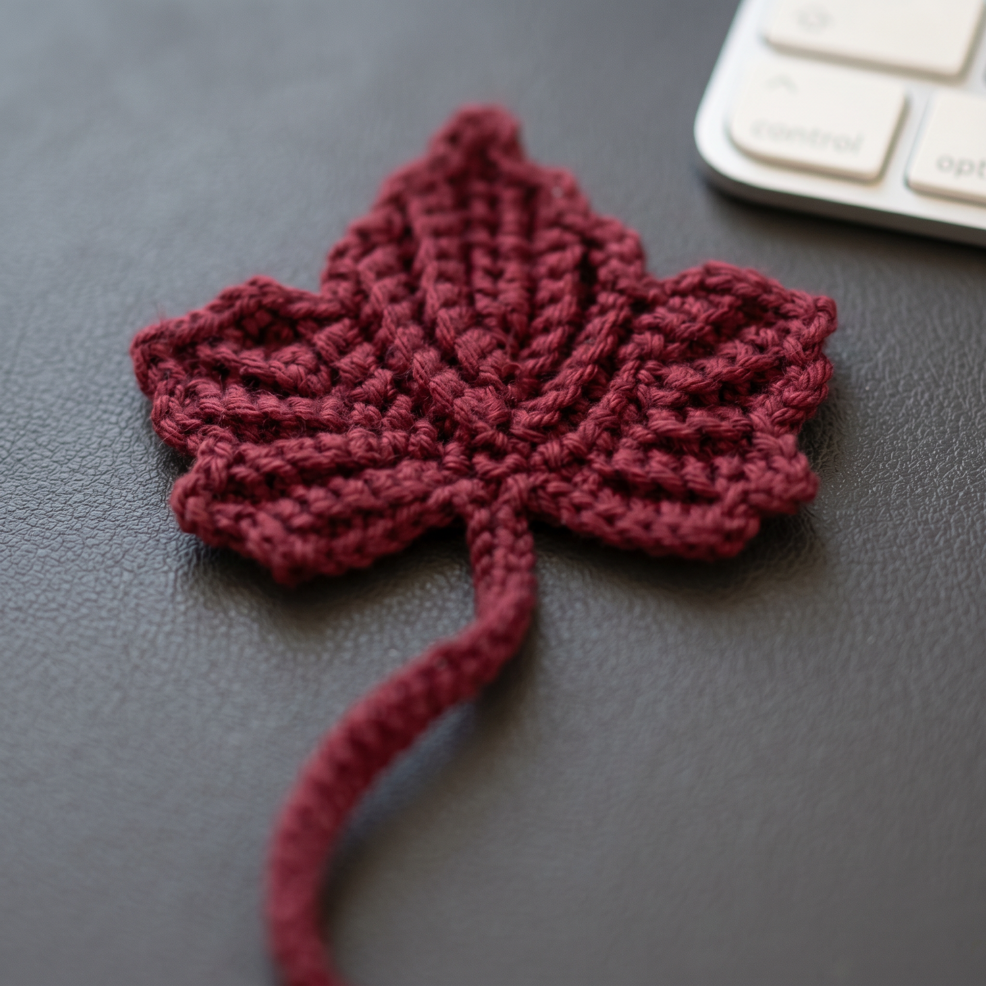 Burgundy Leaf Crochet Bookmark close-up showing crochet texture and handmade details