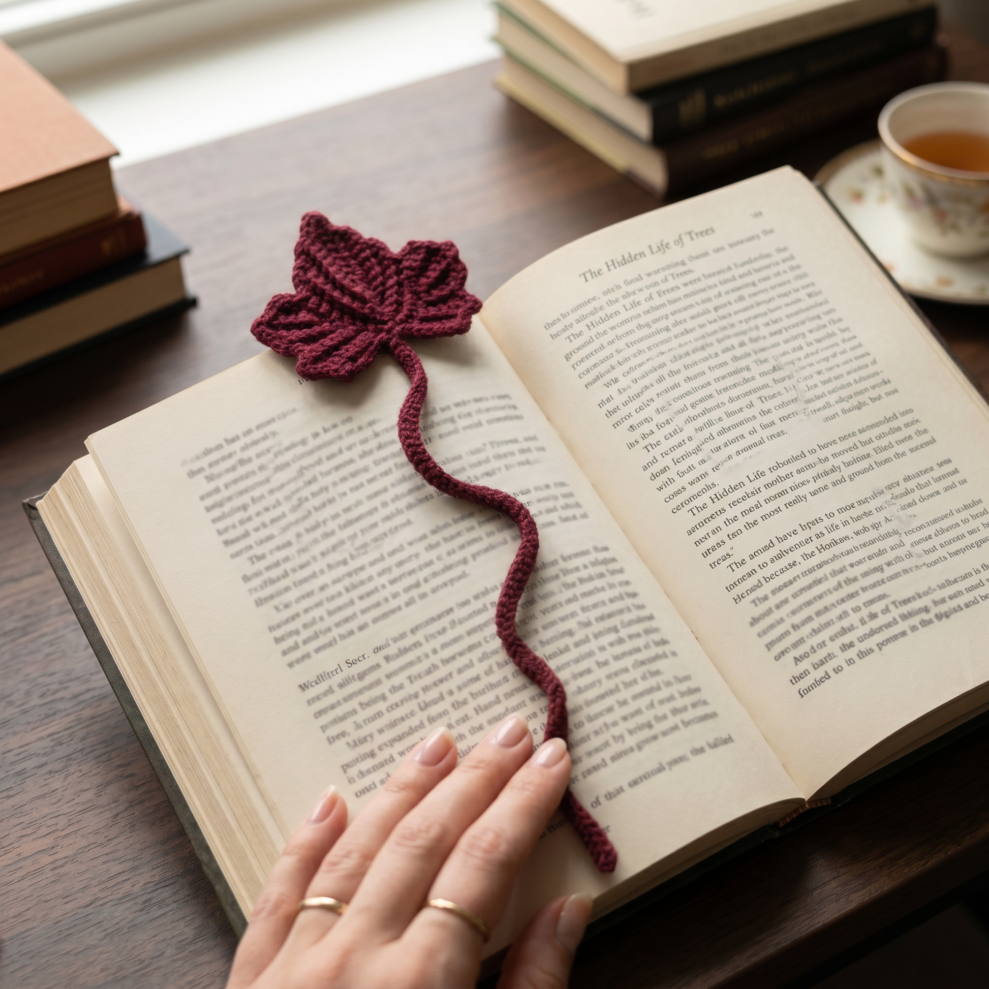 Burgundy Leaf Crochet Bookmark styled in an everyday setting