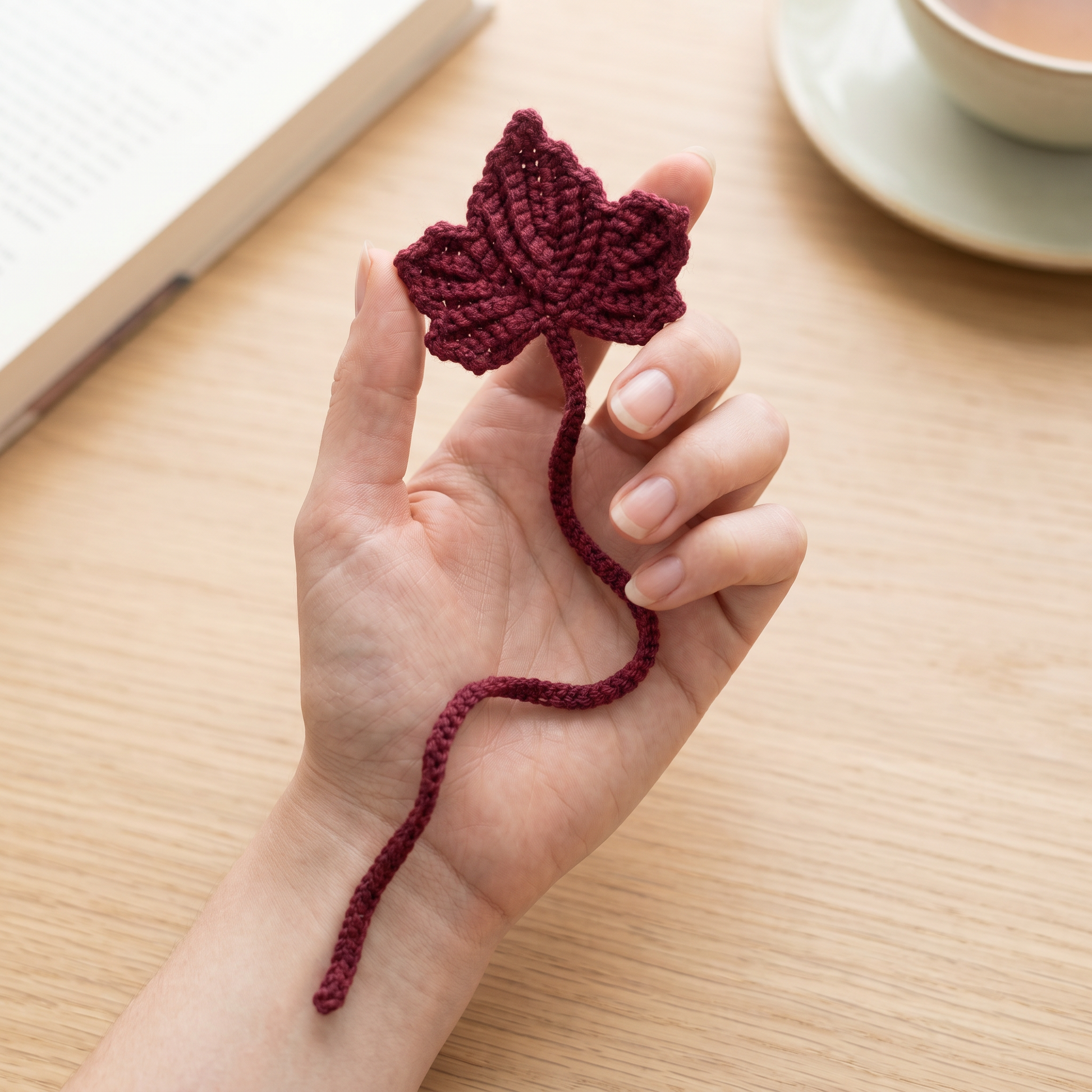 Burgundy Leaf Crochet Bookmark held in hand to show scale