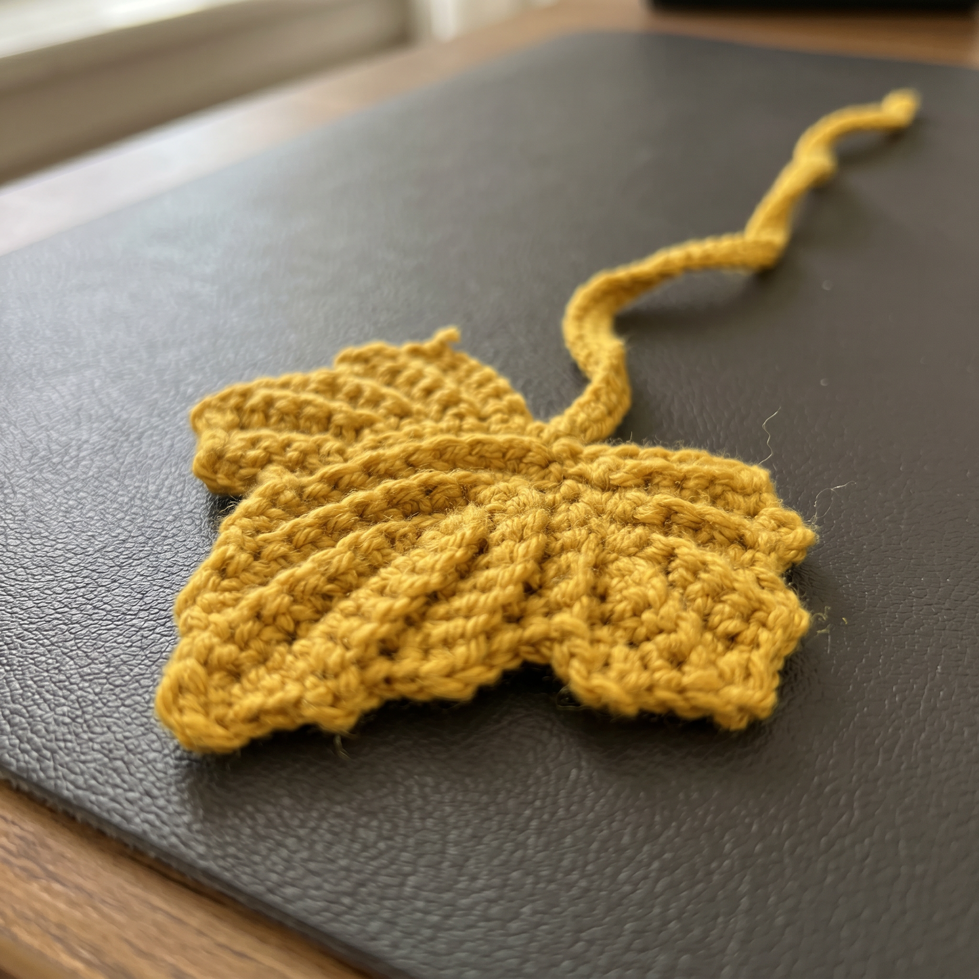 Mustard Leaf Crochet Bookmark close-up showing crochet texture and handmade details