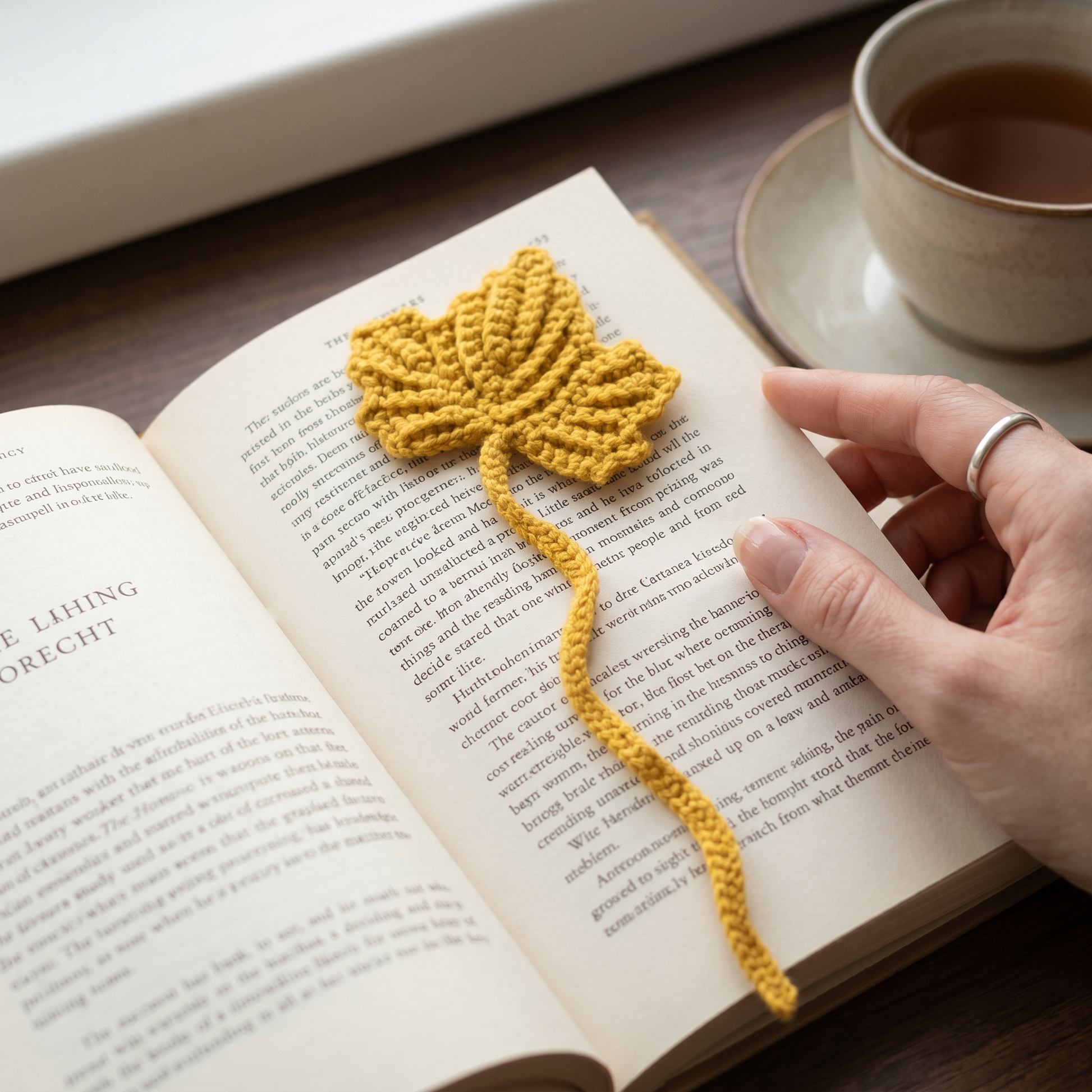 Mustard Leaf Crochet Bookmark styled in an everyday setting