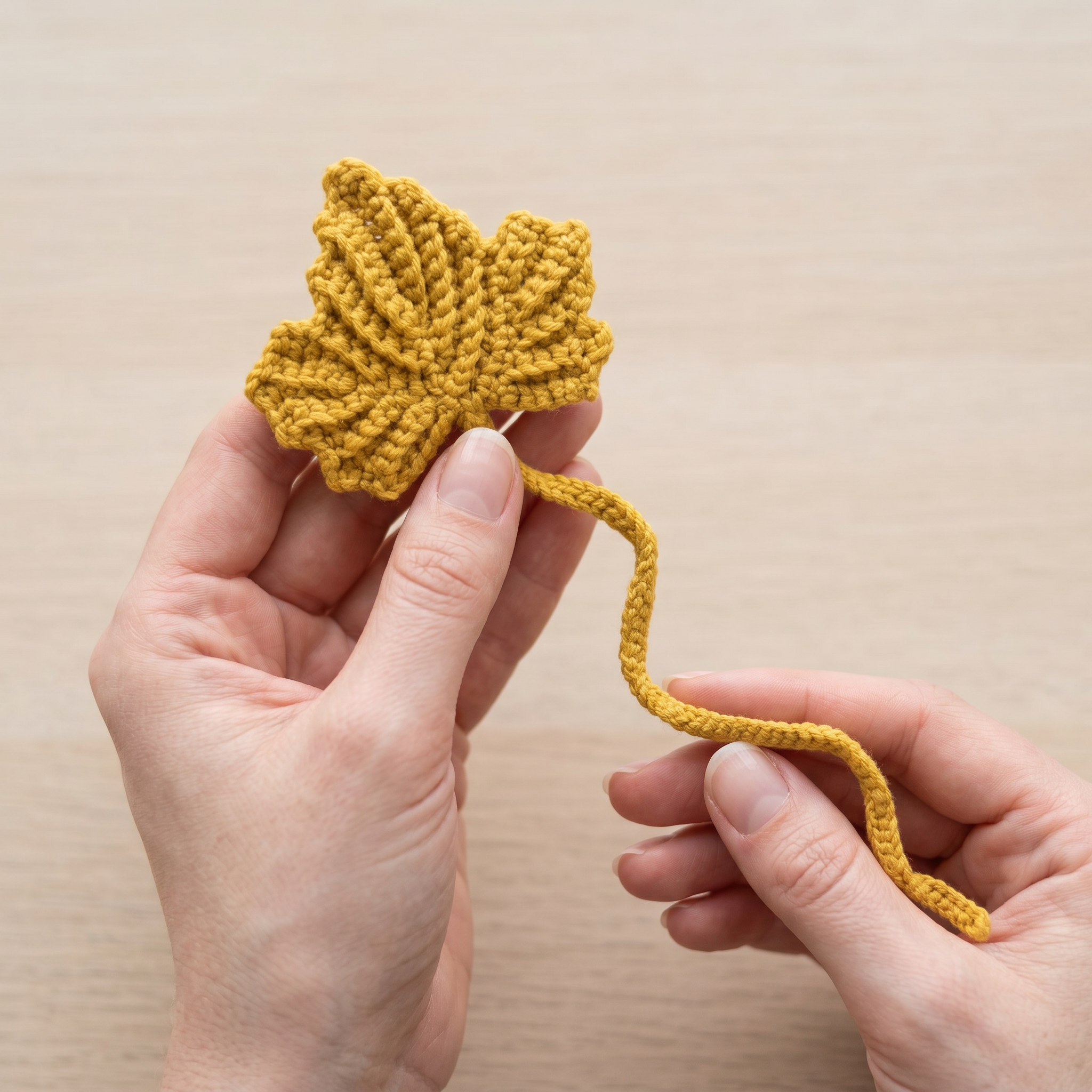 Mustard Leaf Crochet Bookmark held in hand to show scale