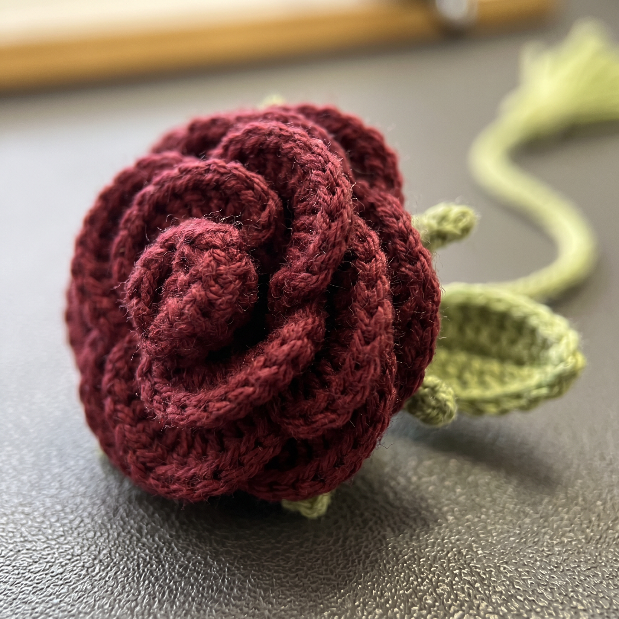 Burgundy Rose Crochet Bookmark close-up showing crochet texture and handmade details