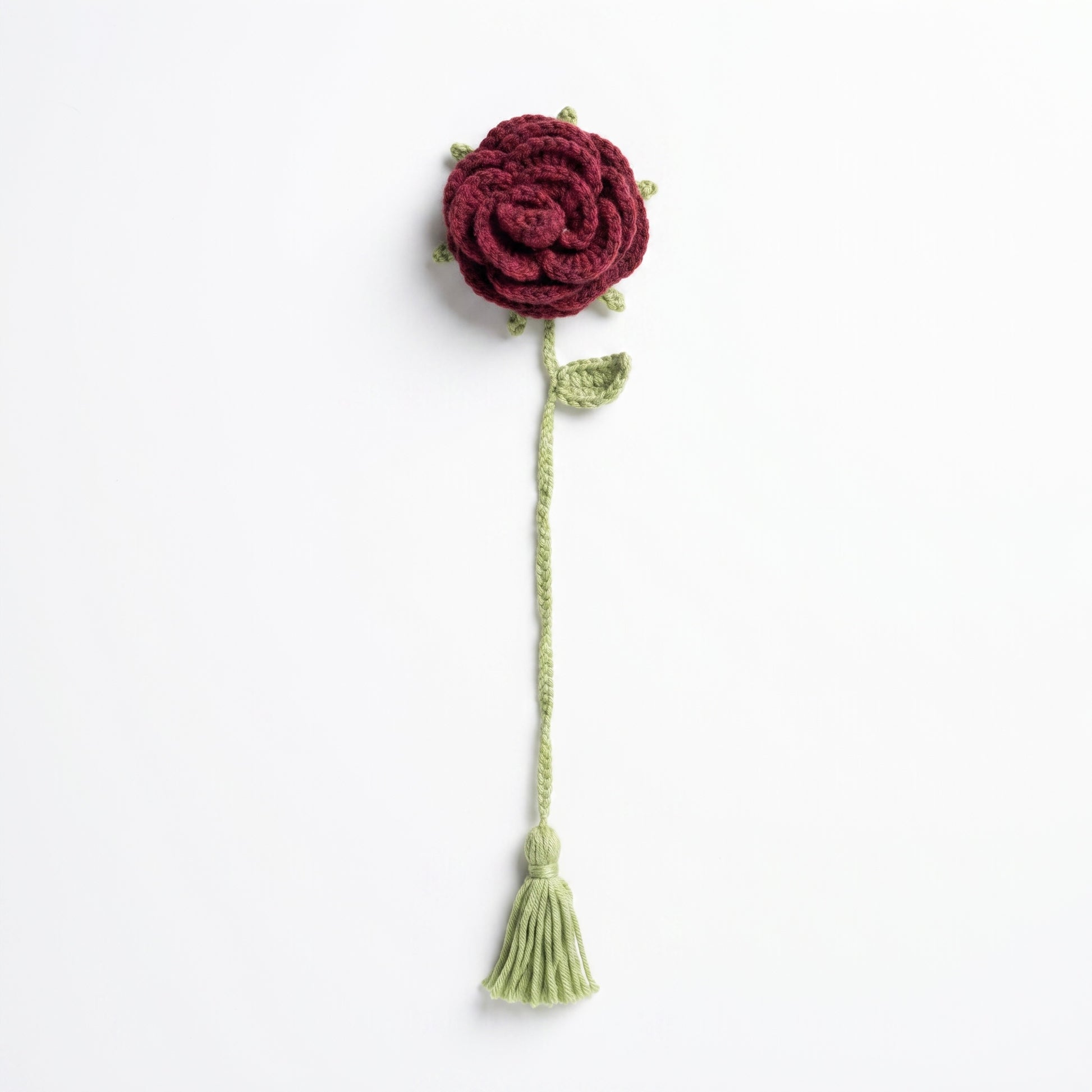 Burgundy Rose Crochet Bookmark on a clean white background
