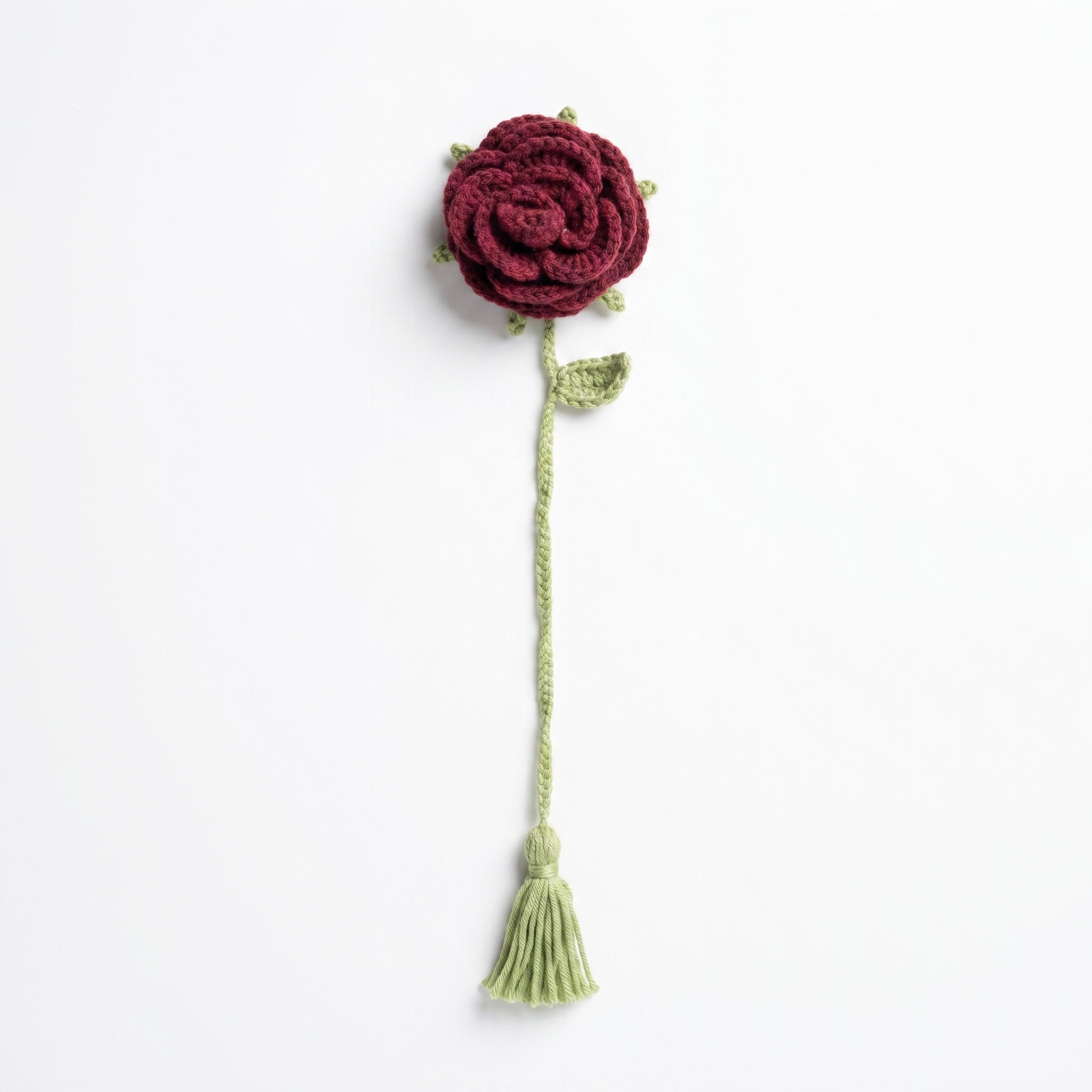 Burgundy Rose Crochet Bookmark on a clean white background