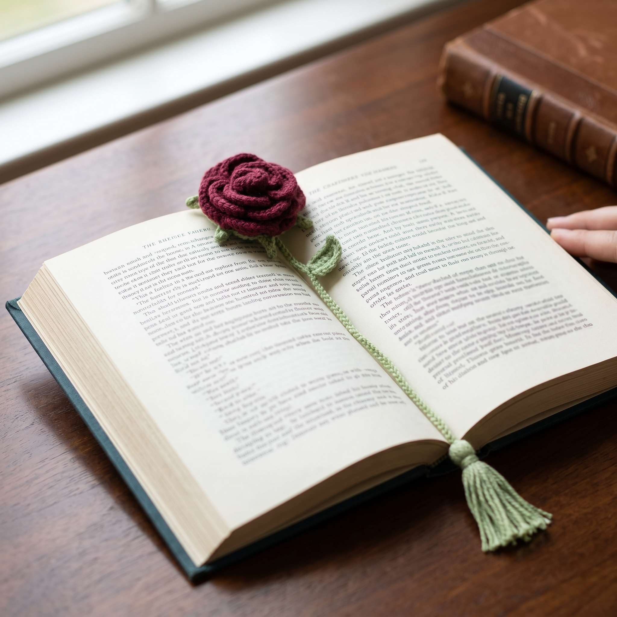 Burgundy Rose Crochet Bookmark styled in an everyday setting