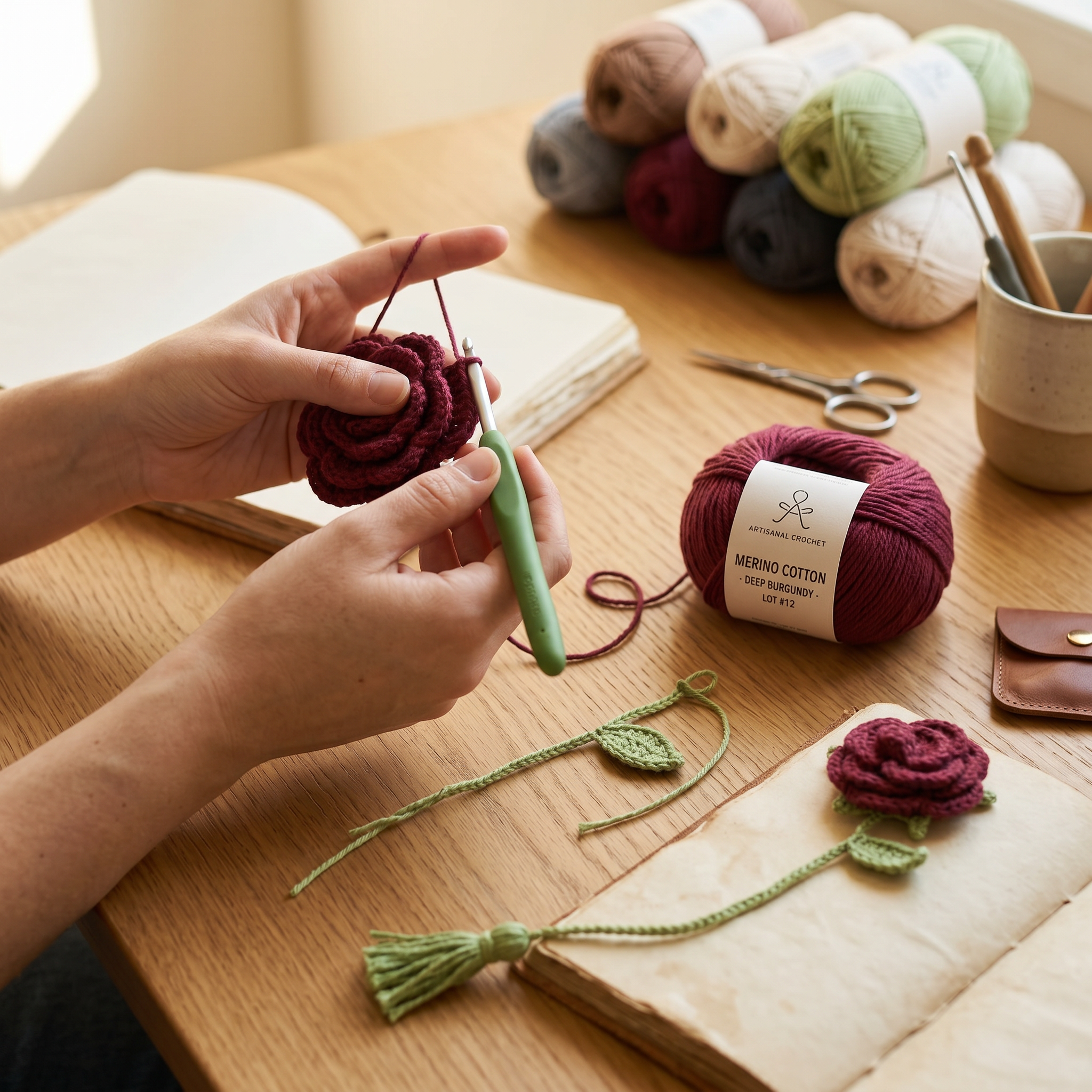 Burgundy Rose Crochet Bookmark styled product detail