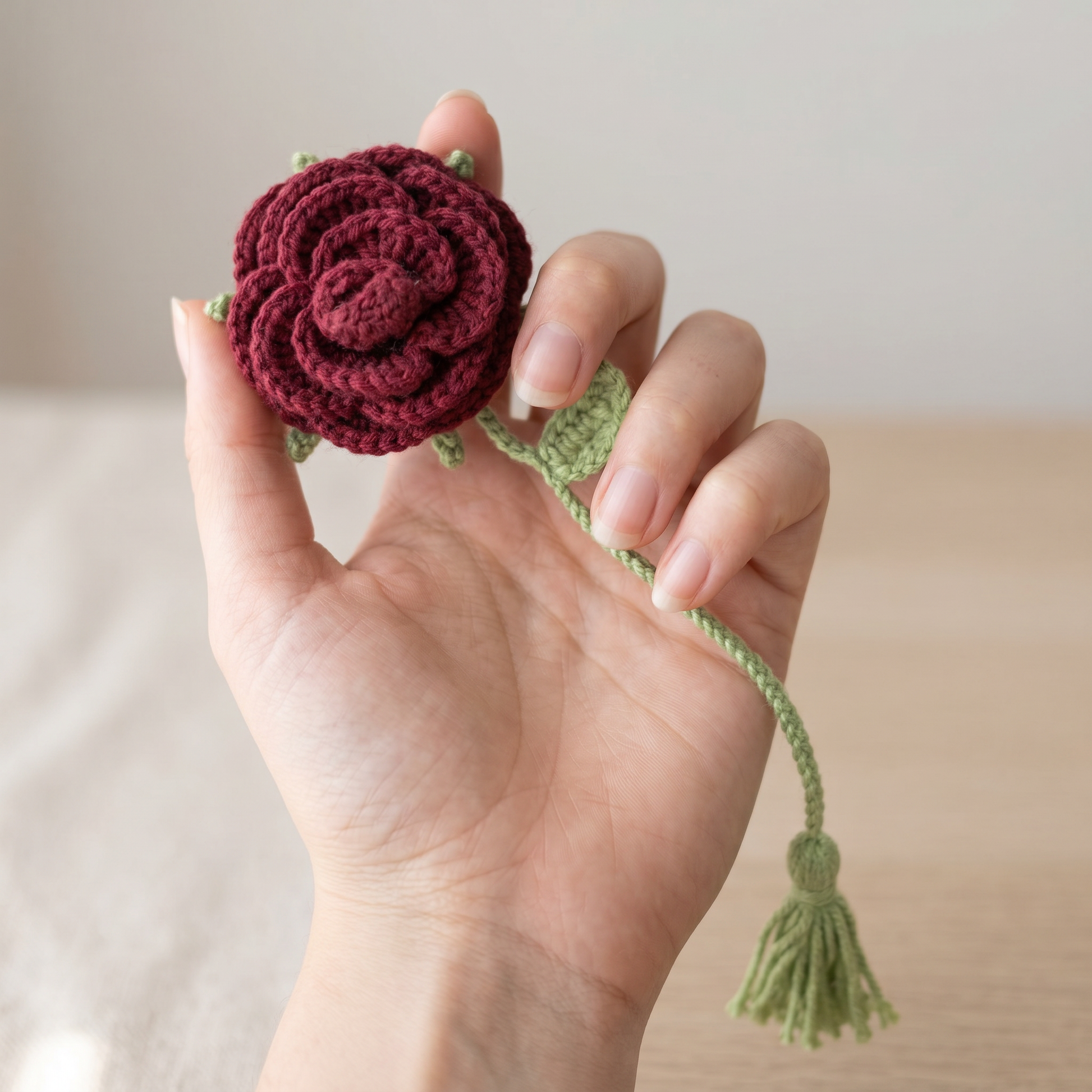 Burgundy Rose Crochet Bookmark held in hand to show scale